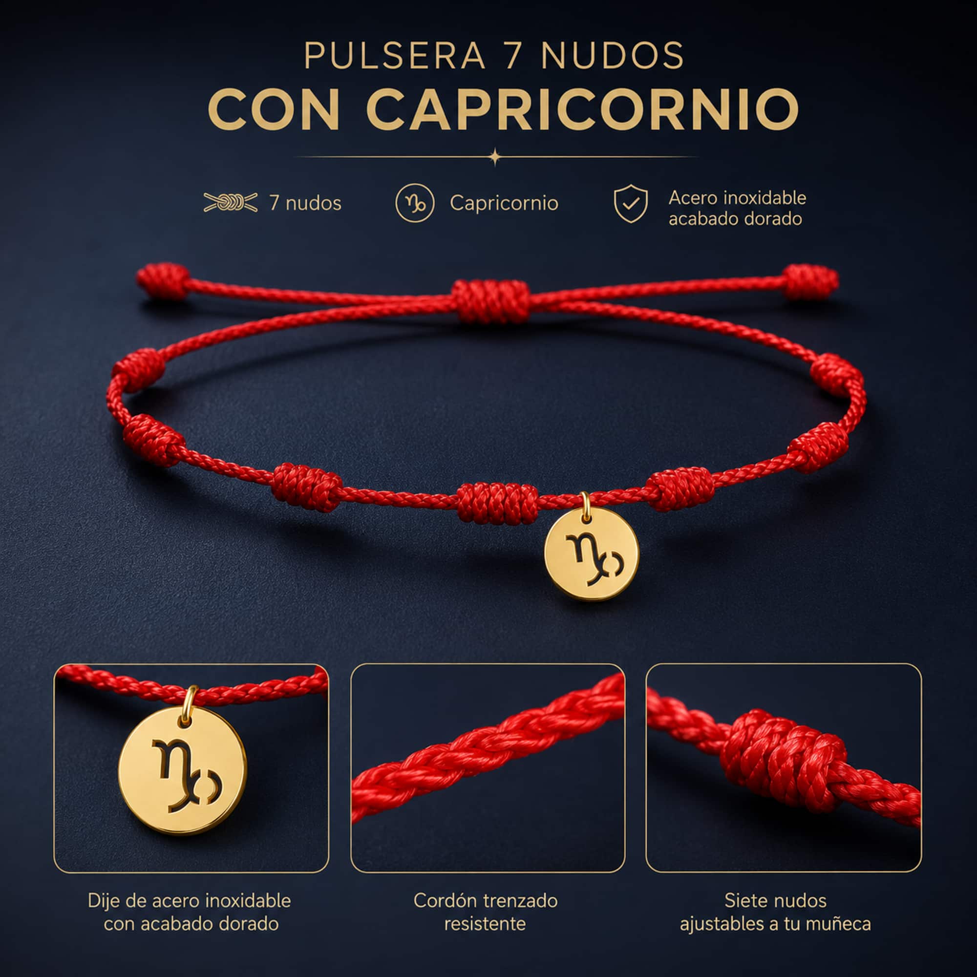 PULSERA 7 NUDOS CON CAPRICORNIO ACERO. COLOR DORADO