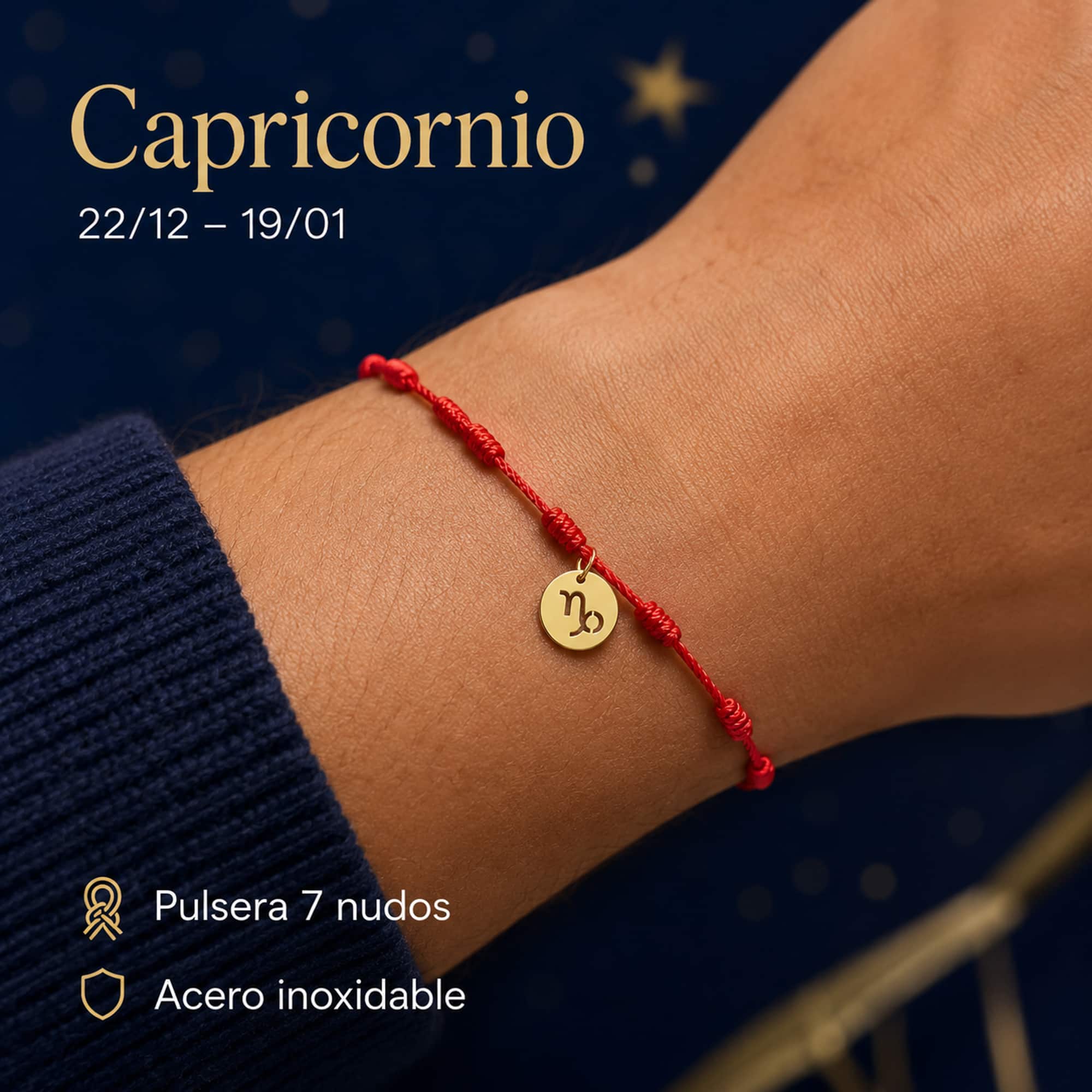 PULSERA 7 NUDOS CON CAPRICORNIO ACERO. COLOR DORADO