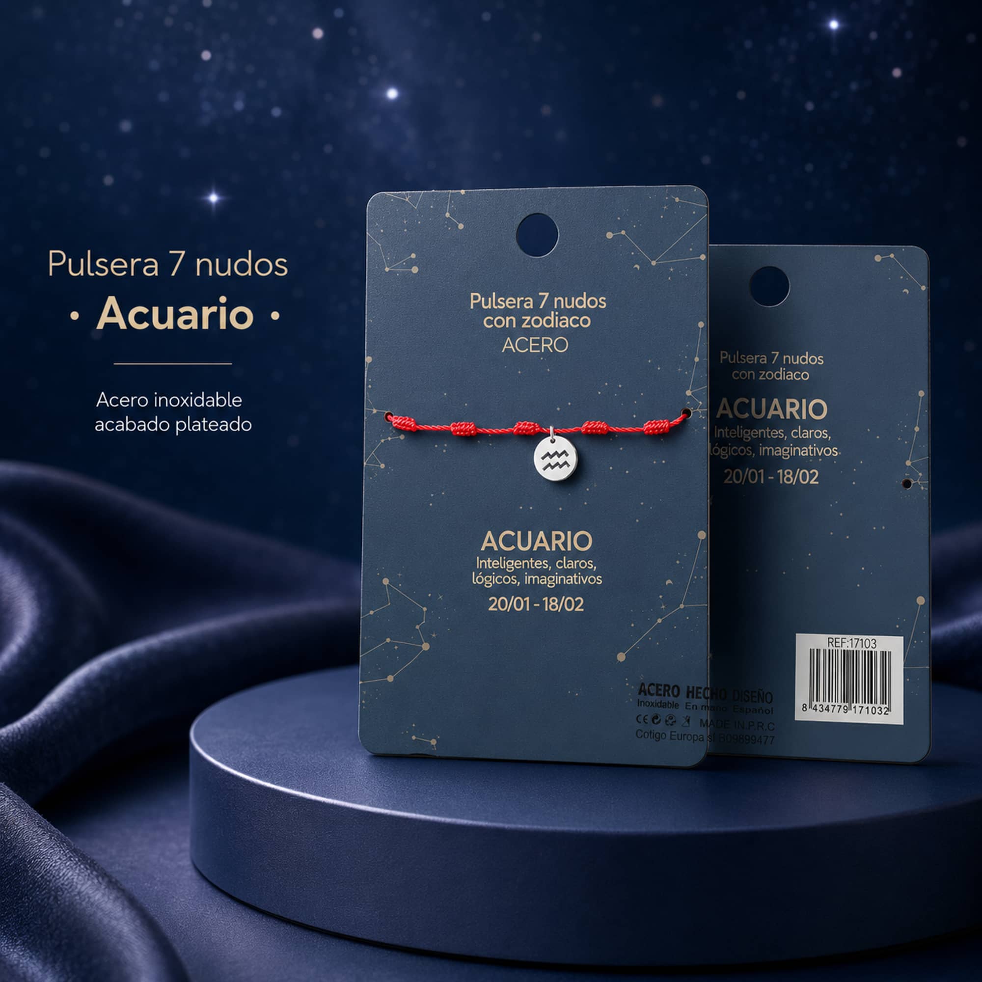 PULSERA 7 NUDOS CON ACUARIO ACERO. COLOR PLATEADO