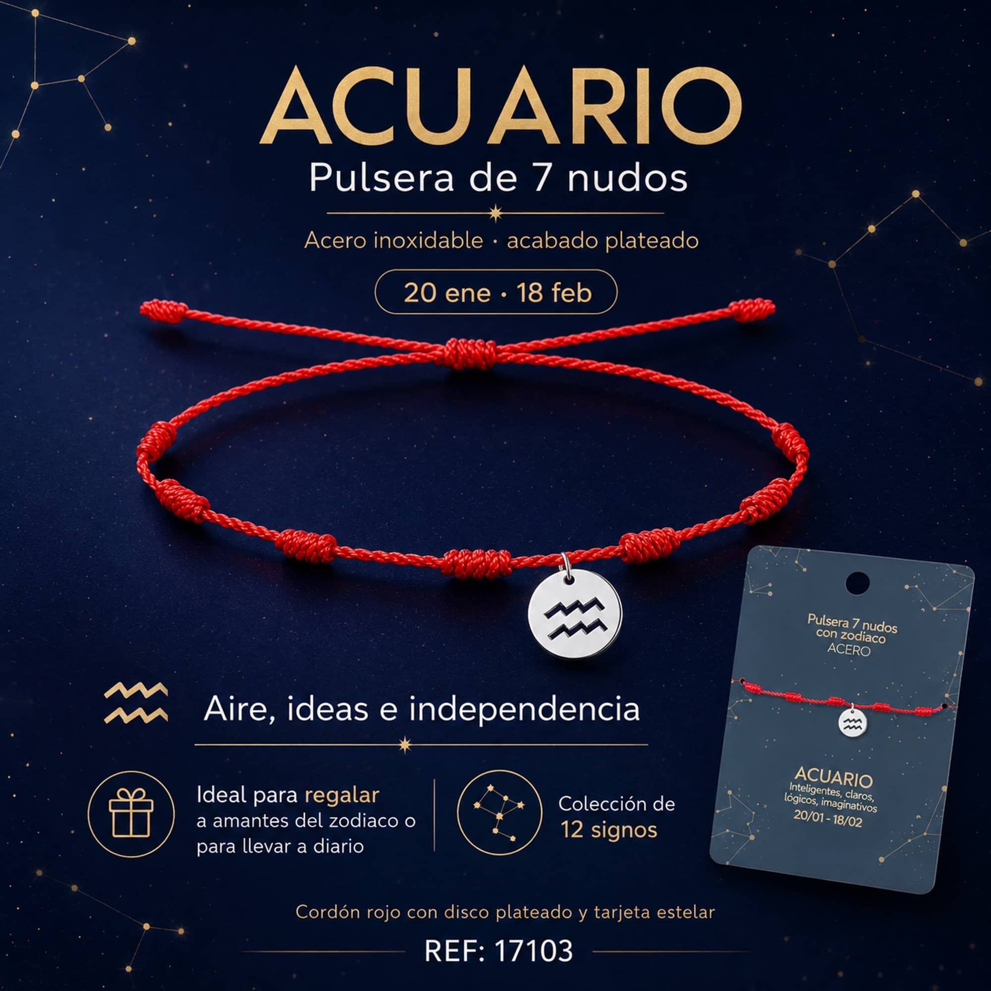 PULSERA 7 NUDOS CON ACUARIO ACERO. COLOR PLATEADO