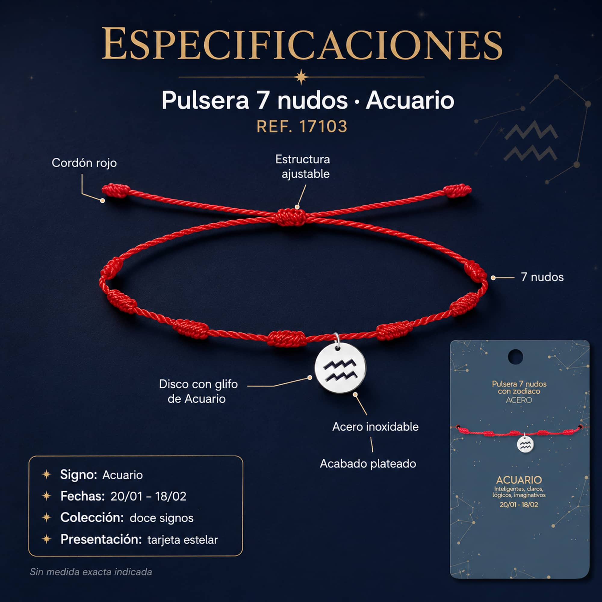 PULSERA 7 NUDOS CON ACUARIO ACERO. COLOR PLATEADO