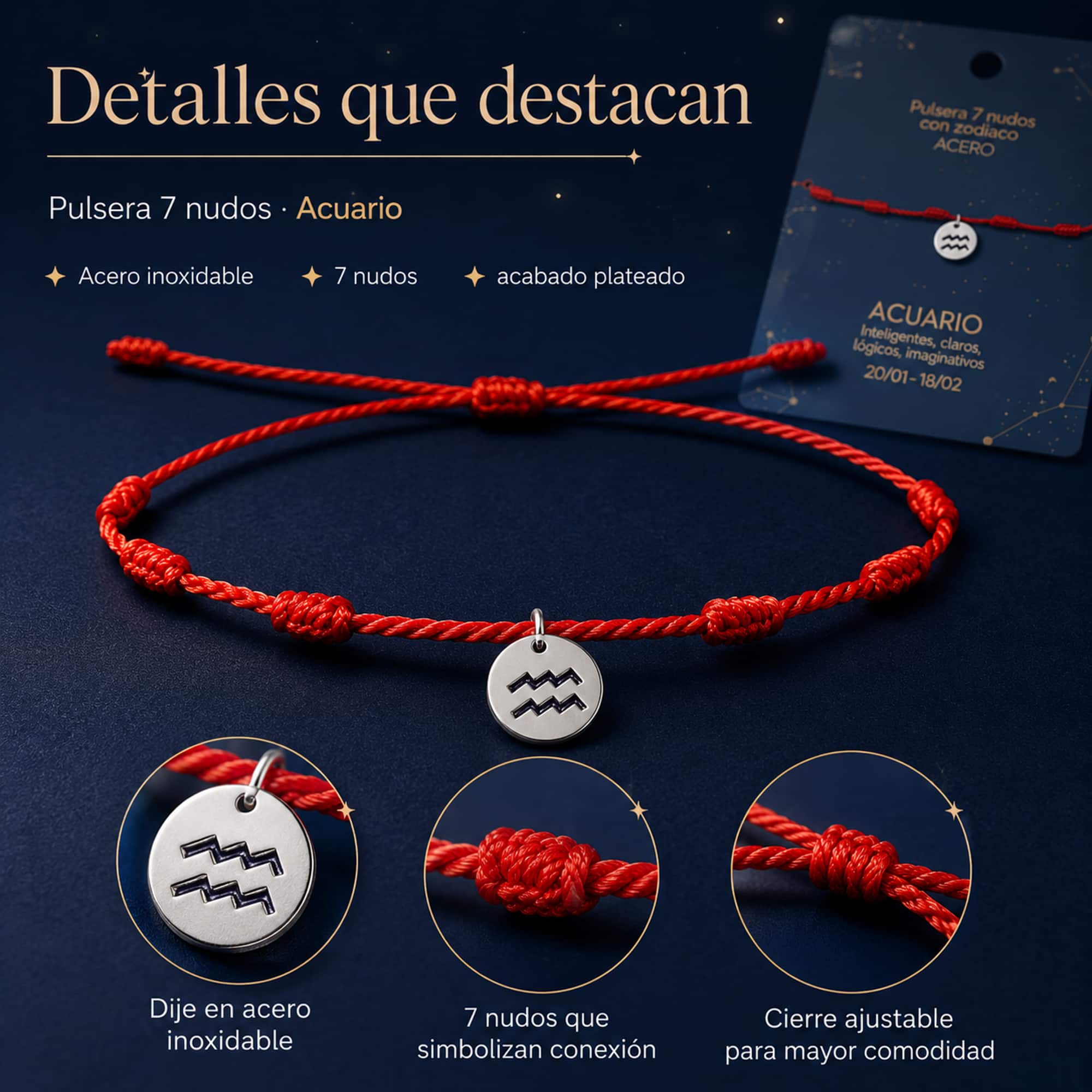 PULSERA 7 NUDOS CON ACUARIO ACERO. COLOR PLATEADO