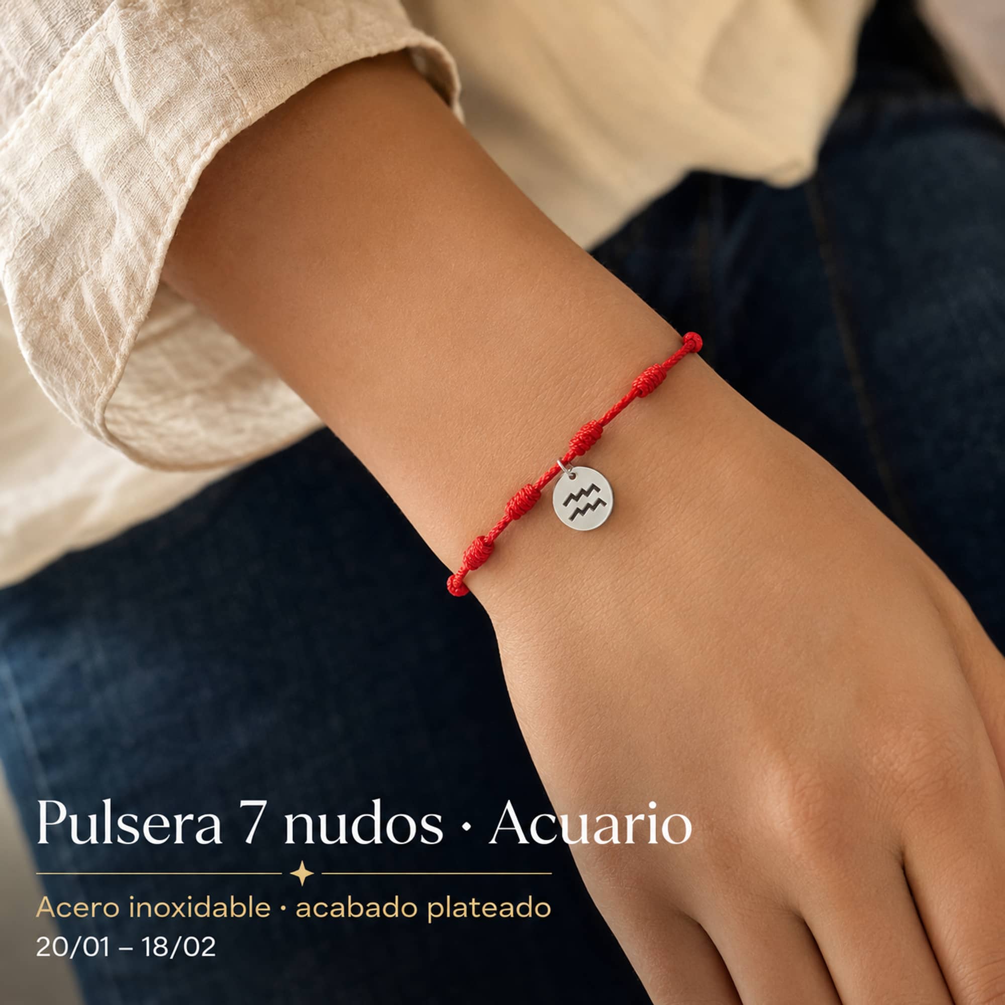 PULSERA 7 NUDOS CON ACUARIO ACERO. COLOR PLATEADO