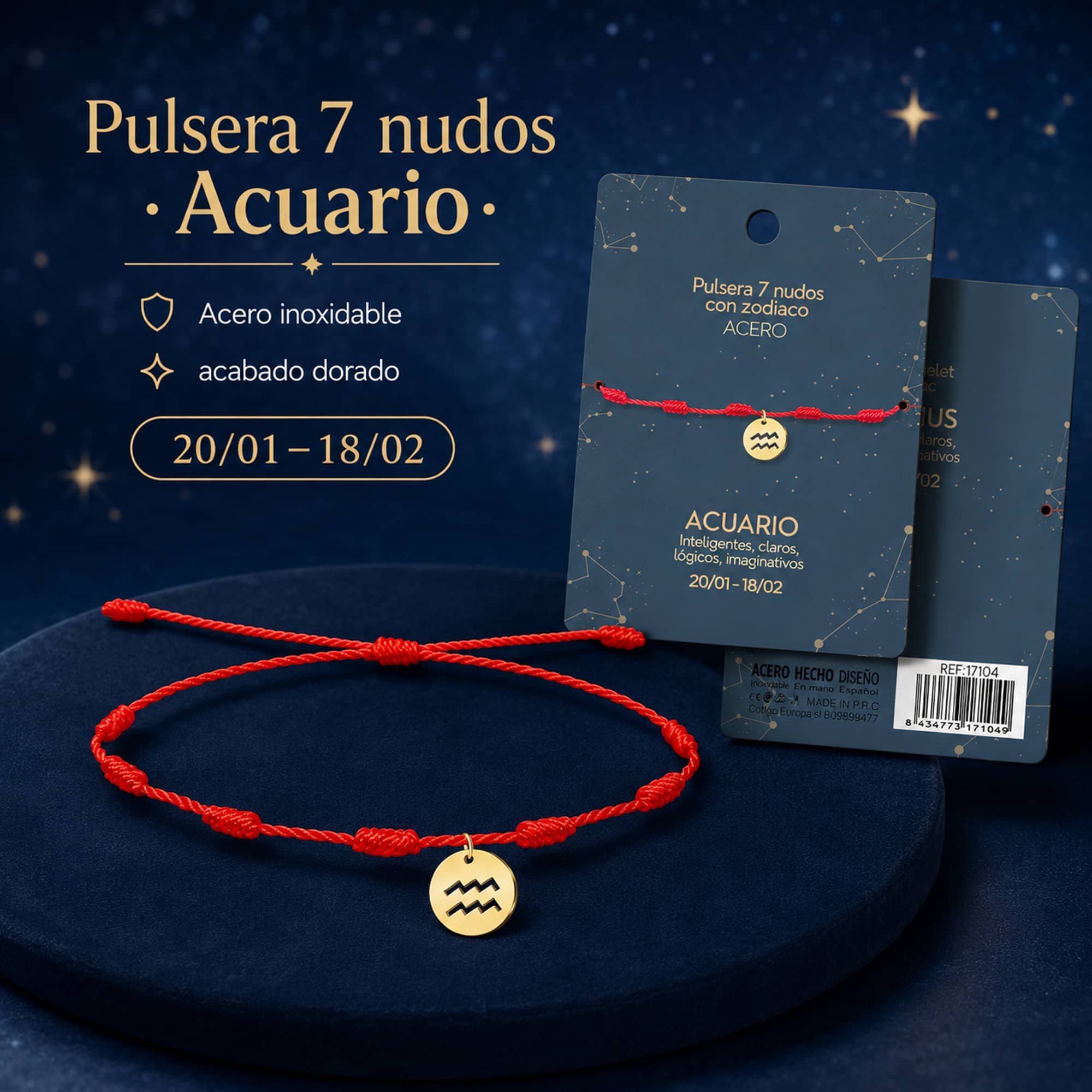 PULSERA 7 NUDOS CON ACUARIO ACERO. COLOR DORADO