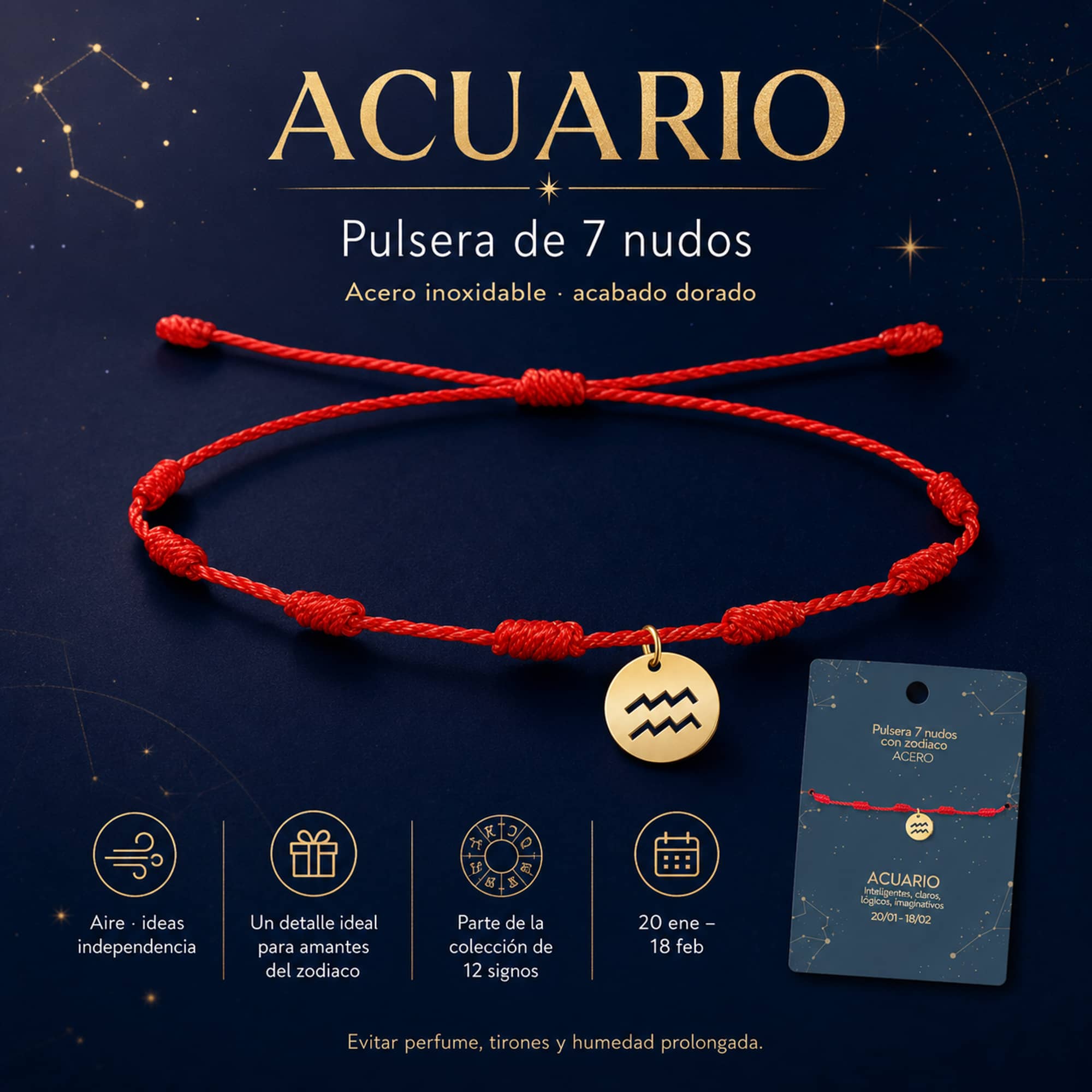 PULSERA 7 NUDOS CON ACUARIO ACERO. COLOR DORADO