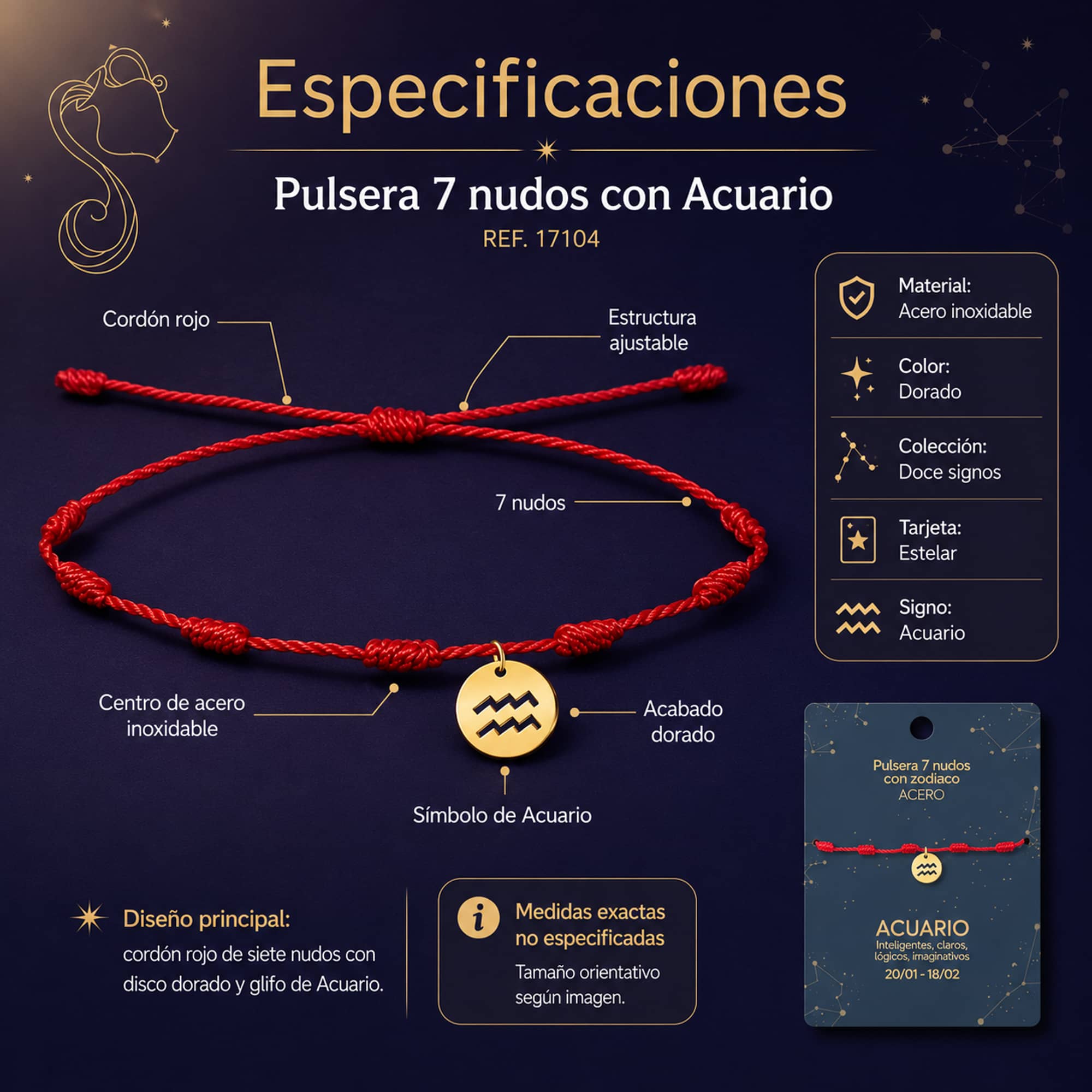 PULSERA 7 NUDOS CON ACUARIO ACERO. COLOR DORADO