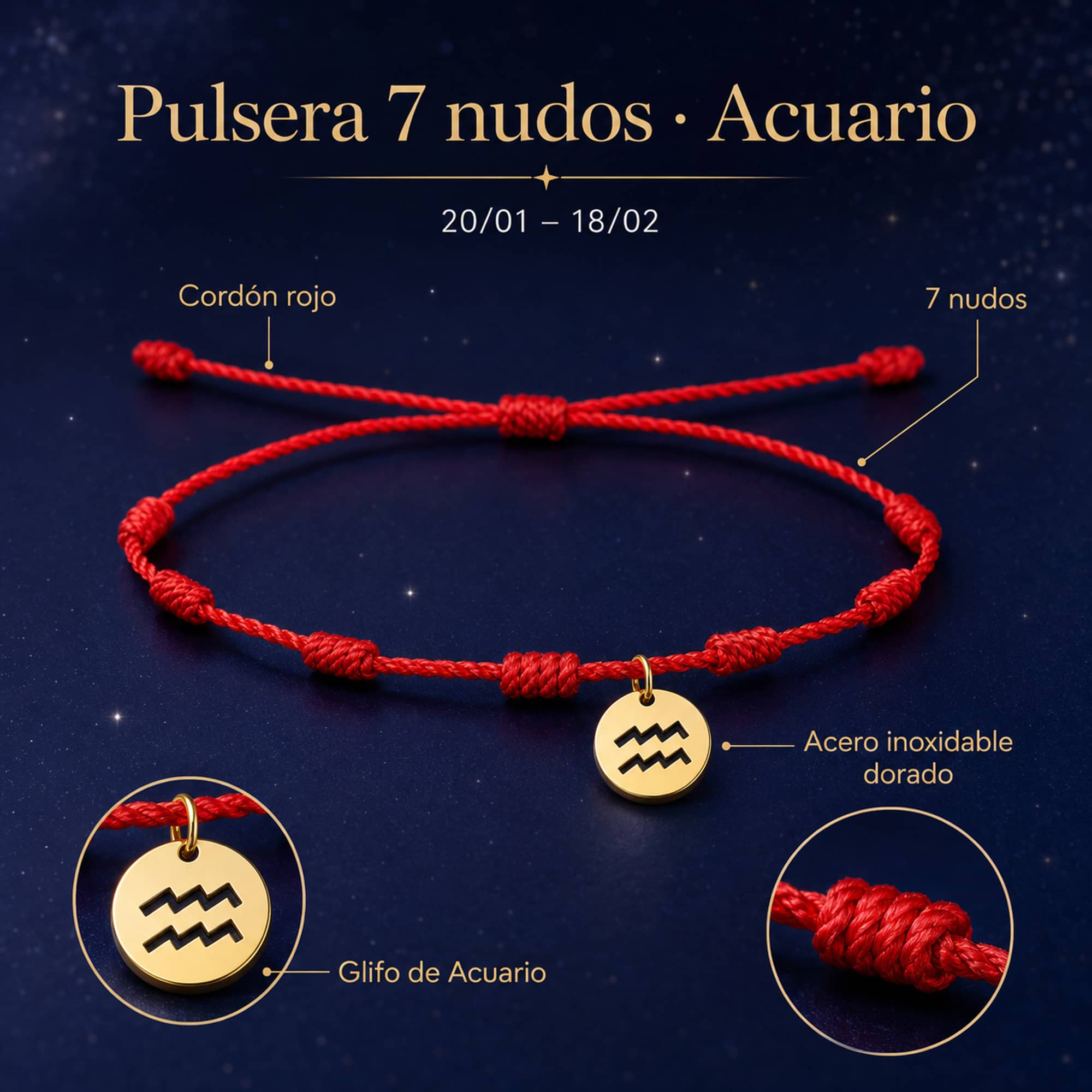 PULSERA 7 NUDOS CON ACUARIO ACERO. COLOR DORADO