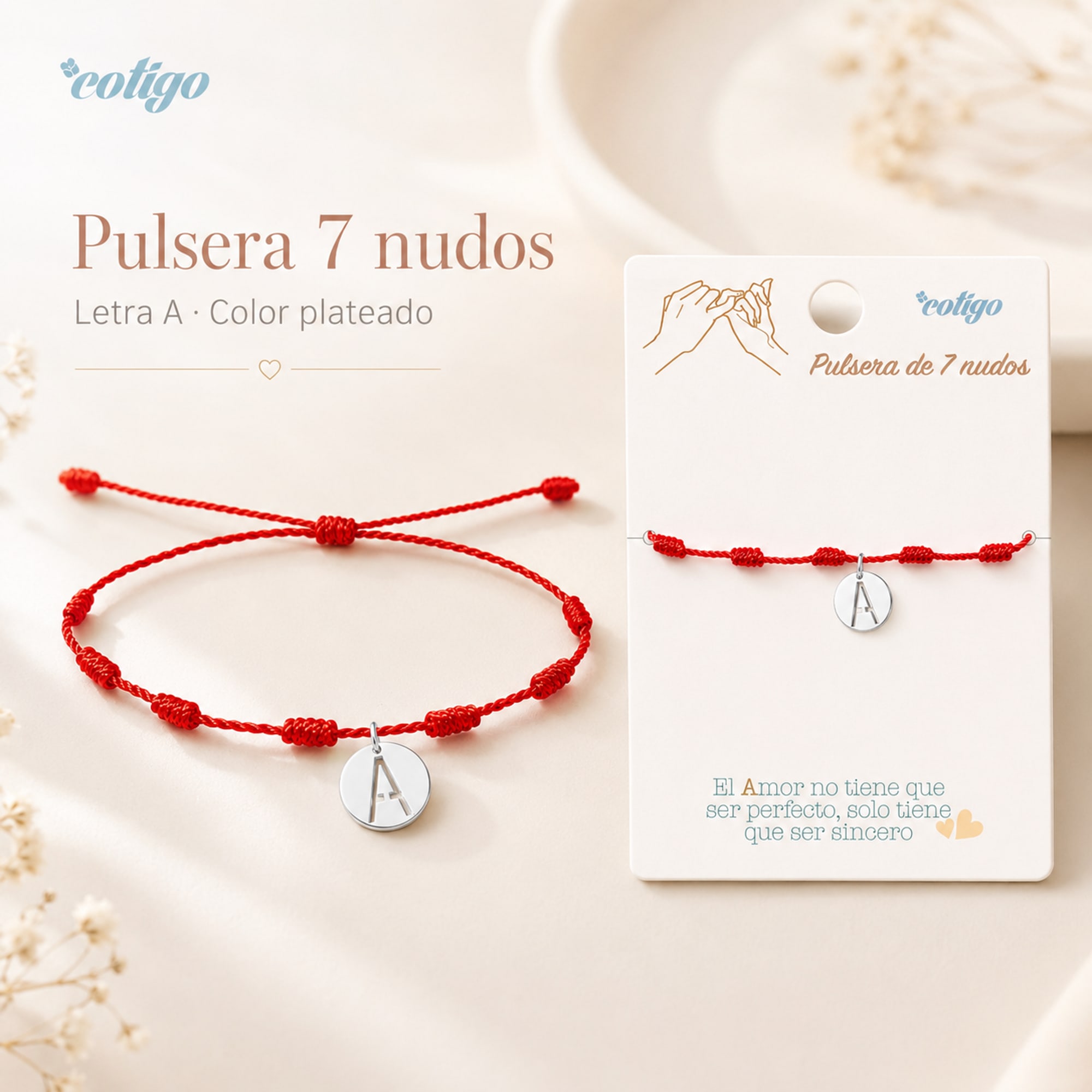 PULSERA 7 NUDOS CON LETRA A COLOR PLATEADO