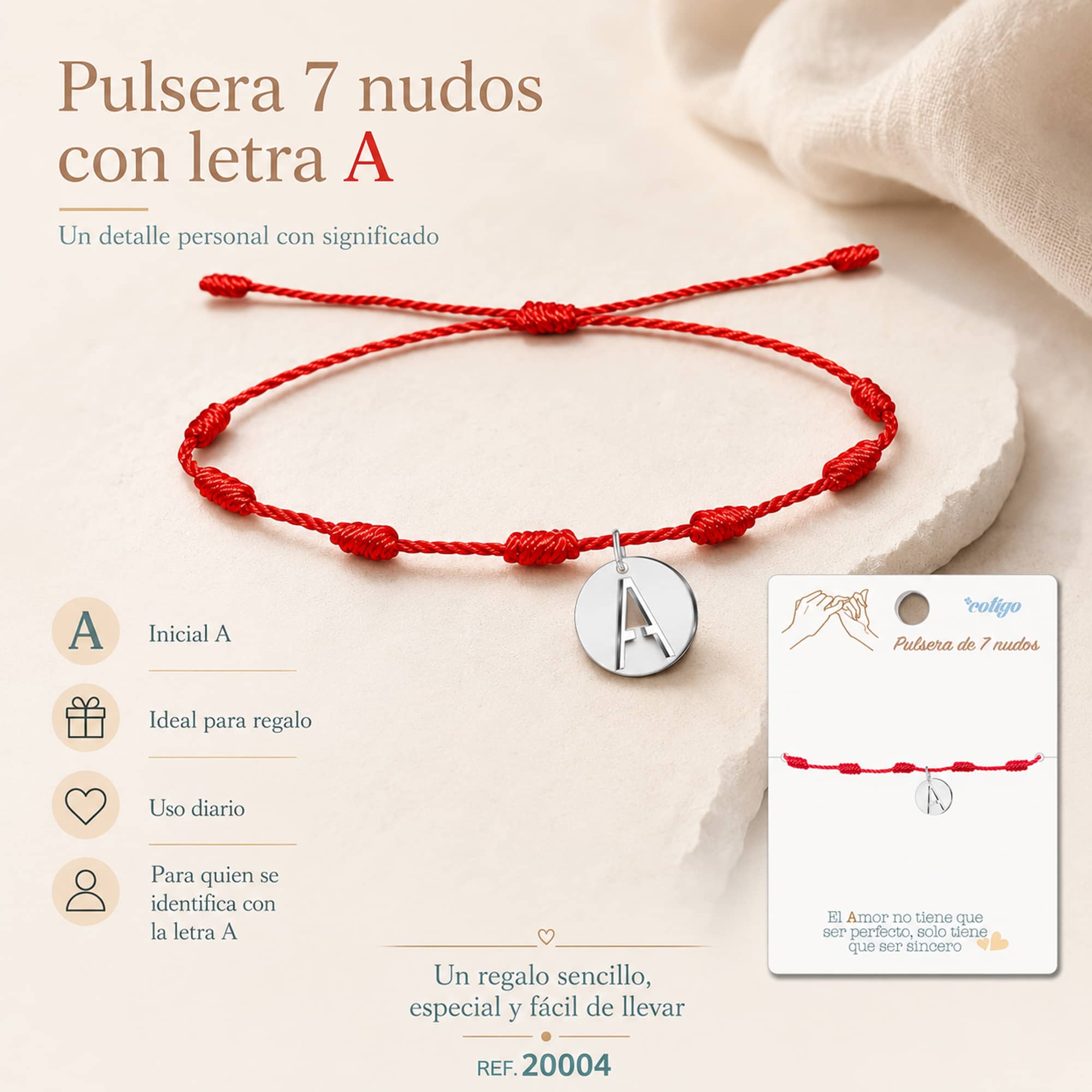 PULSERA 7 NUDOS CON LETRA A COLOR PLATEADO