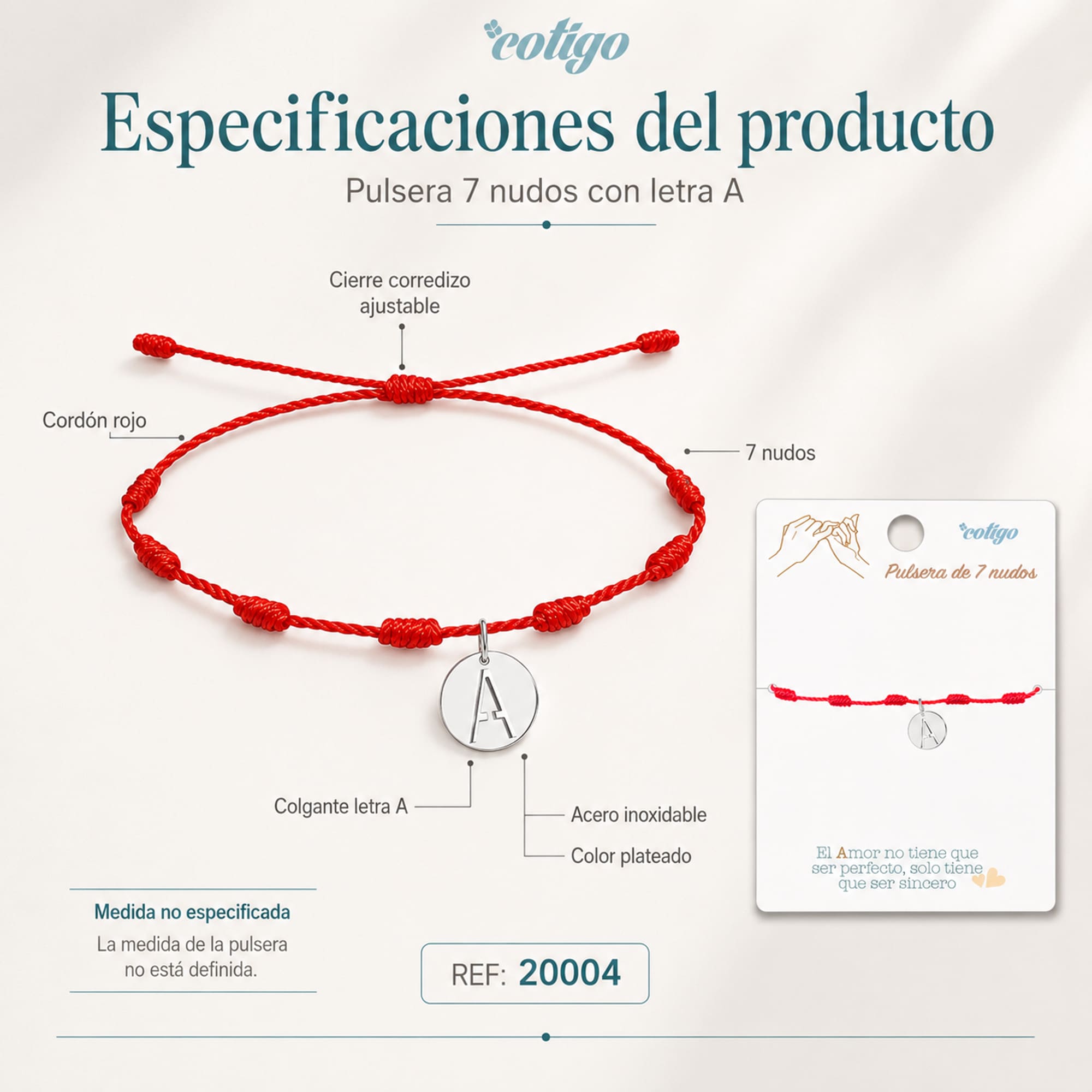 PULSERA 7 NUDOS CON LETRA A COLOR PLATEADO