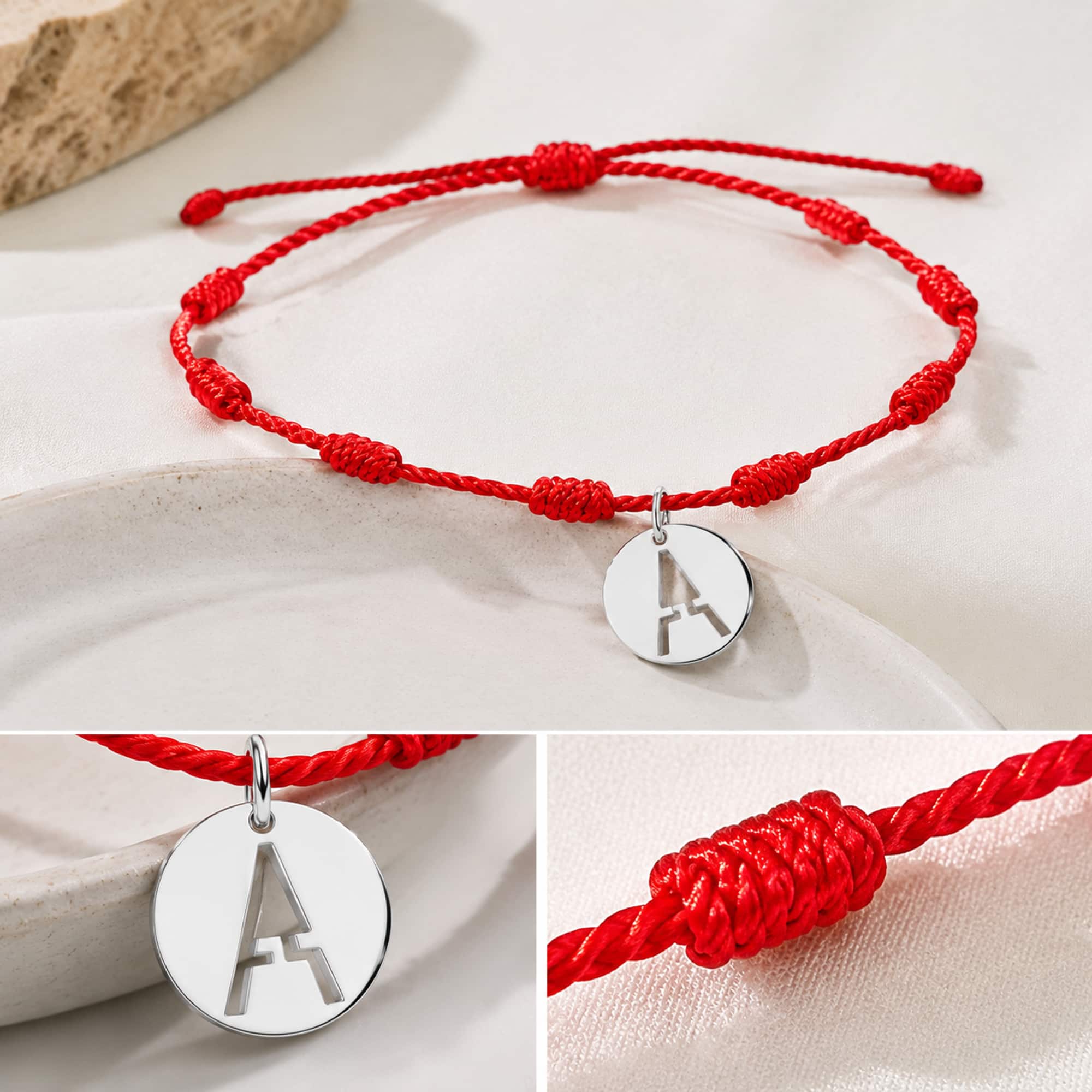 PULSERA 7 NUDOS CON LETRA A COLOR PLATEADO