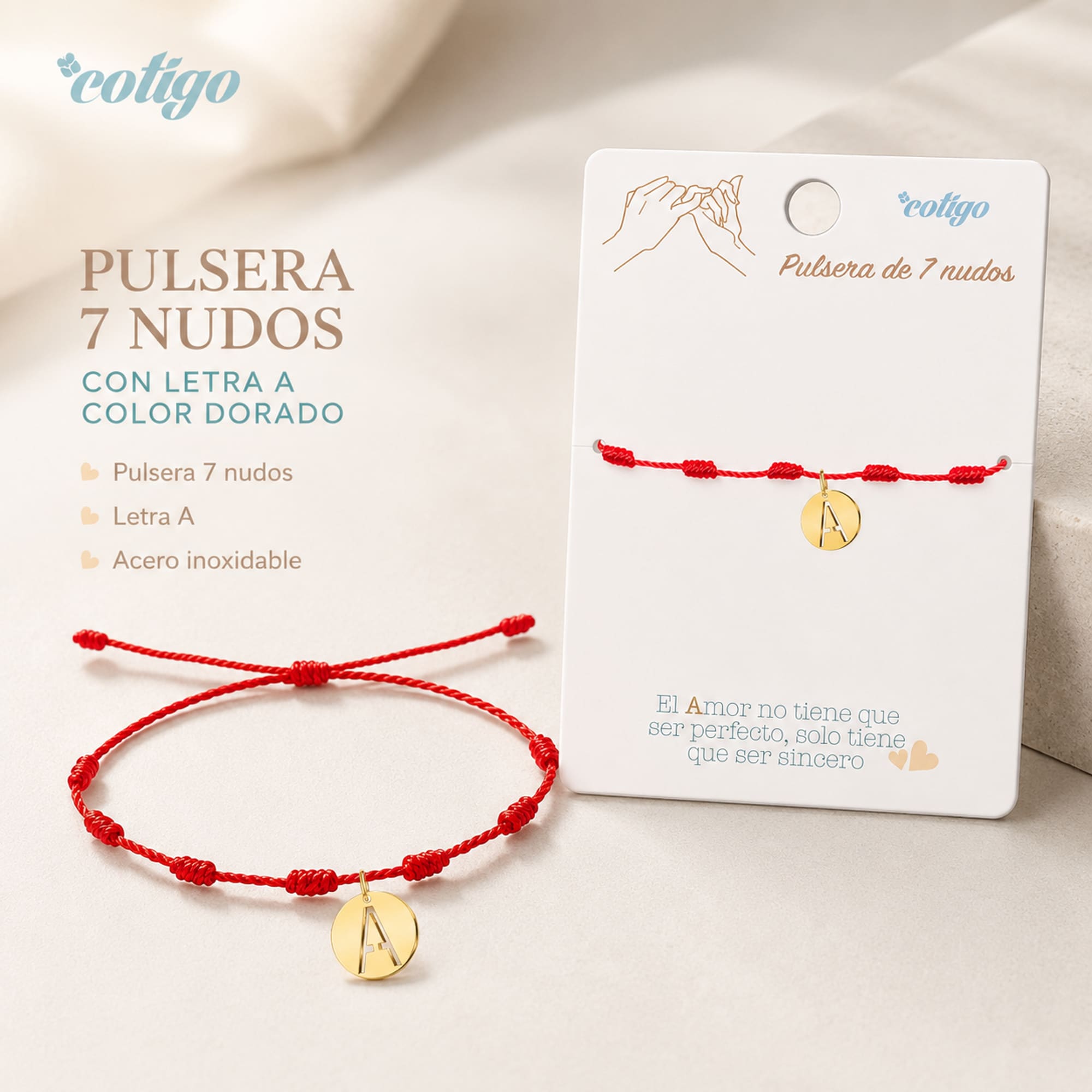 PULSERA 7 NUDOS CON LETRA A COLOR DORADO