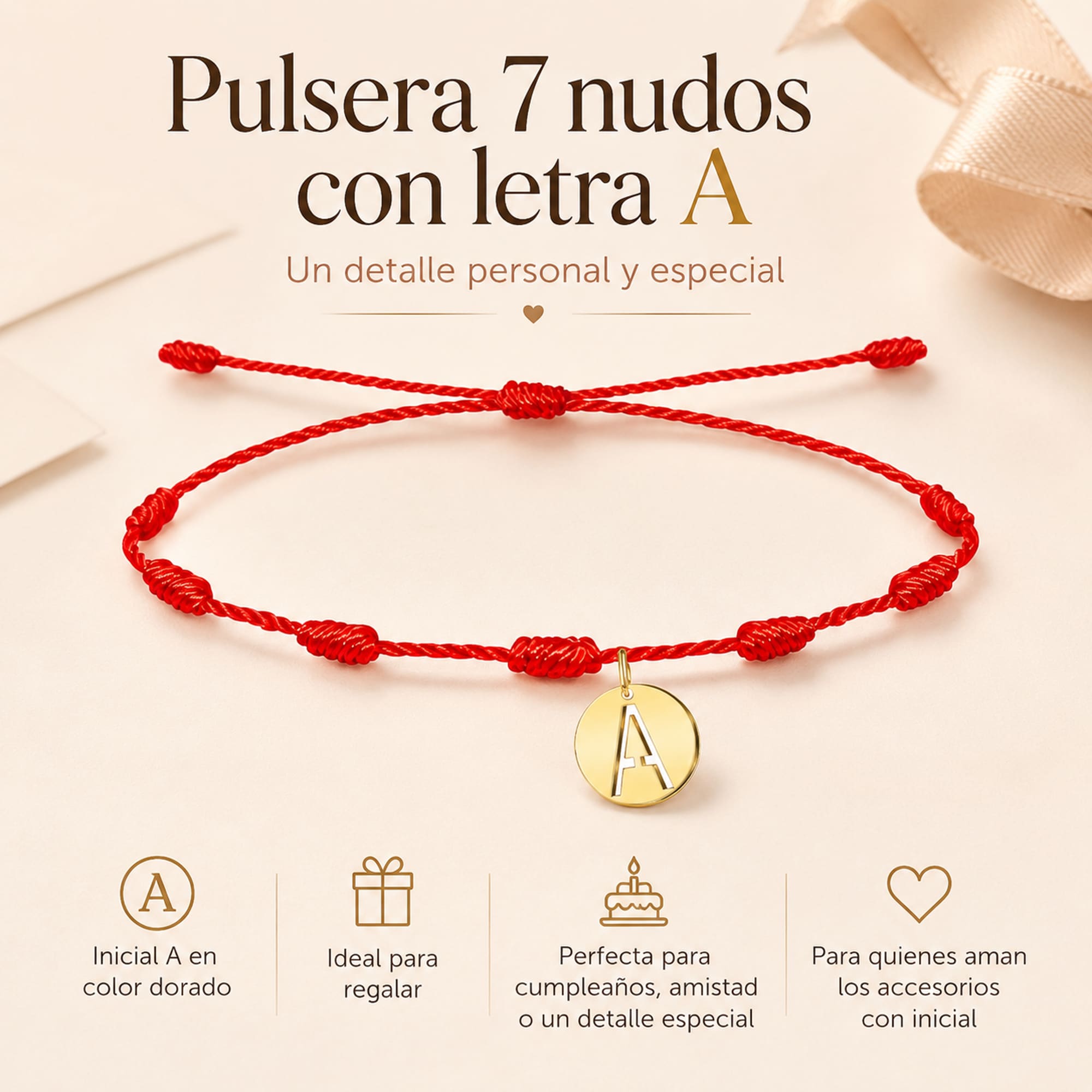 PULSERA 7 NUDOS CON LETRA A COLOR DORADO