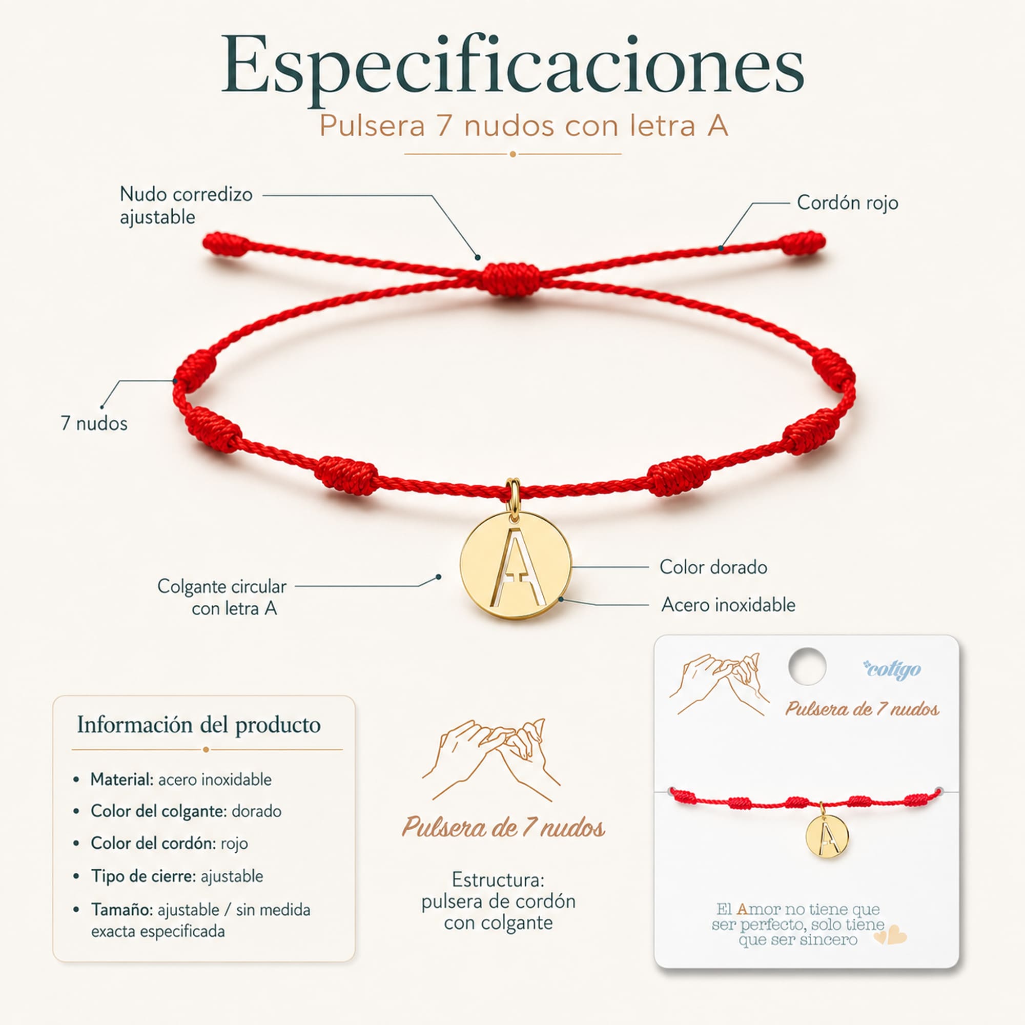 PULSERA 7 NUDOS CON LETRA A COLOR DORADO