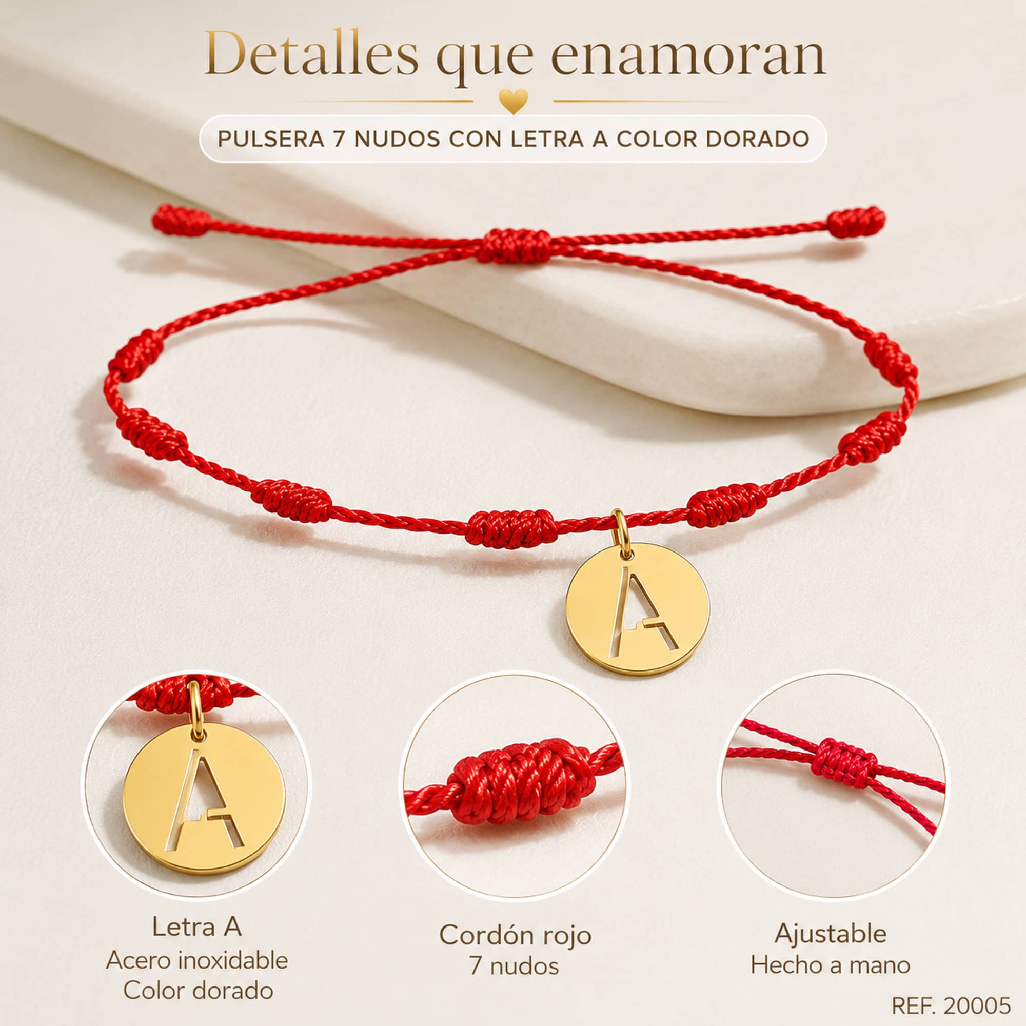 PULSERA 7 NUDOS CON LETRA A COLOR DORADO