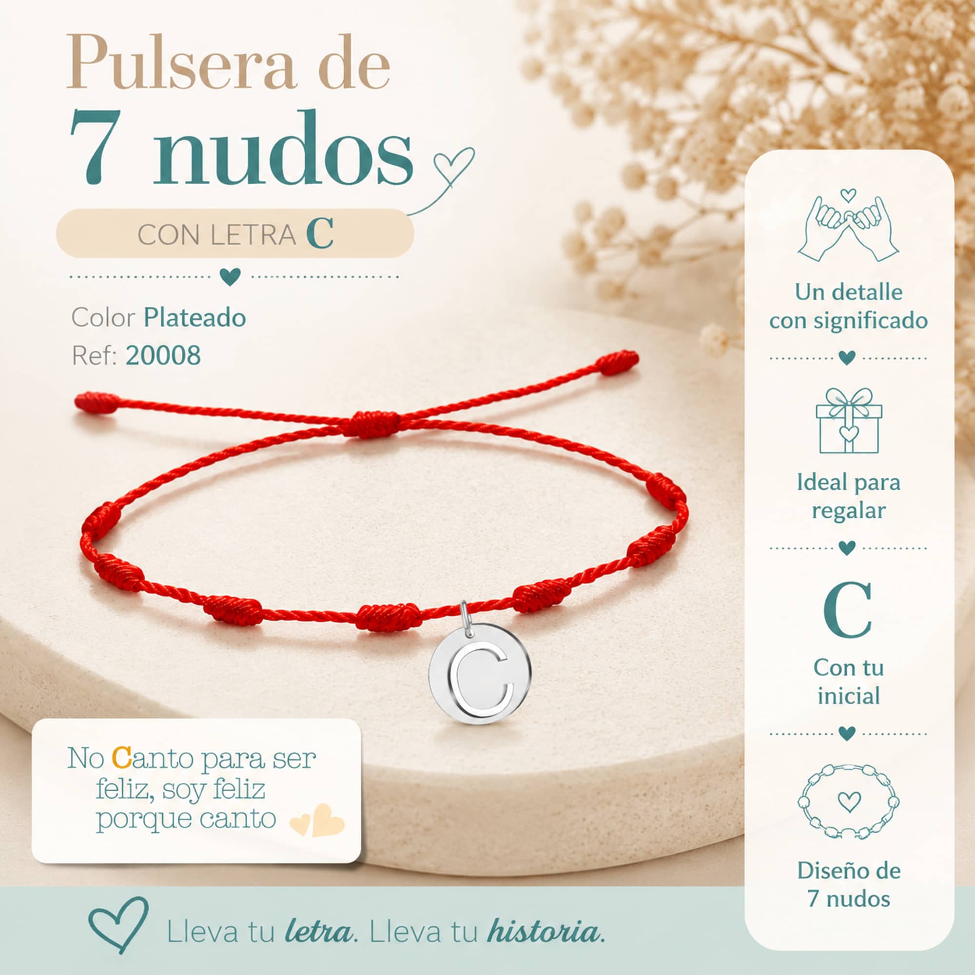 PULSERA 7 NUDOS CON LETRA C COLOR PLATEADO