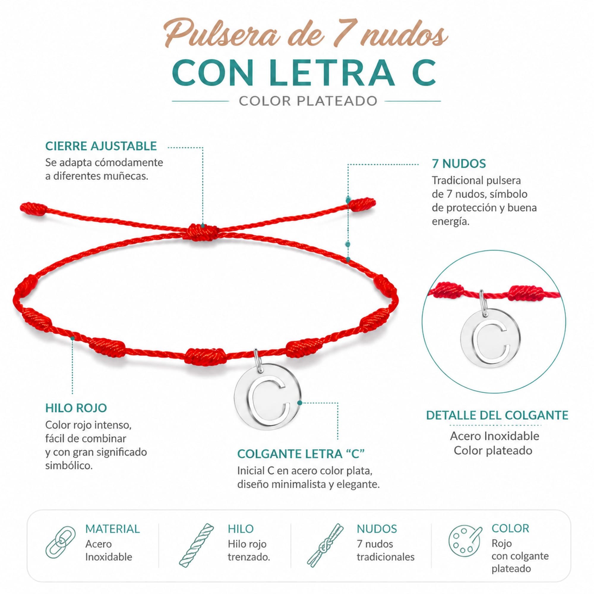 PULSERA 7 NUDOS CON LETRA C COLOR PLATEADO