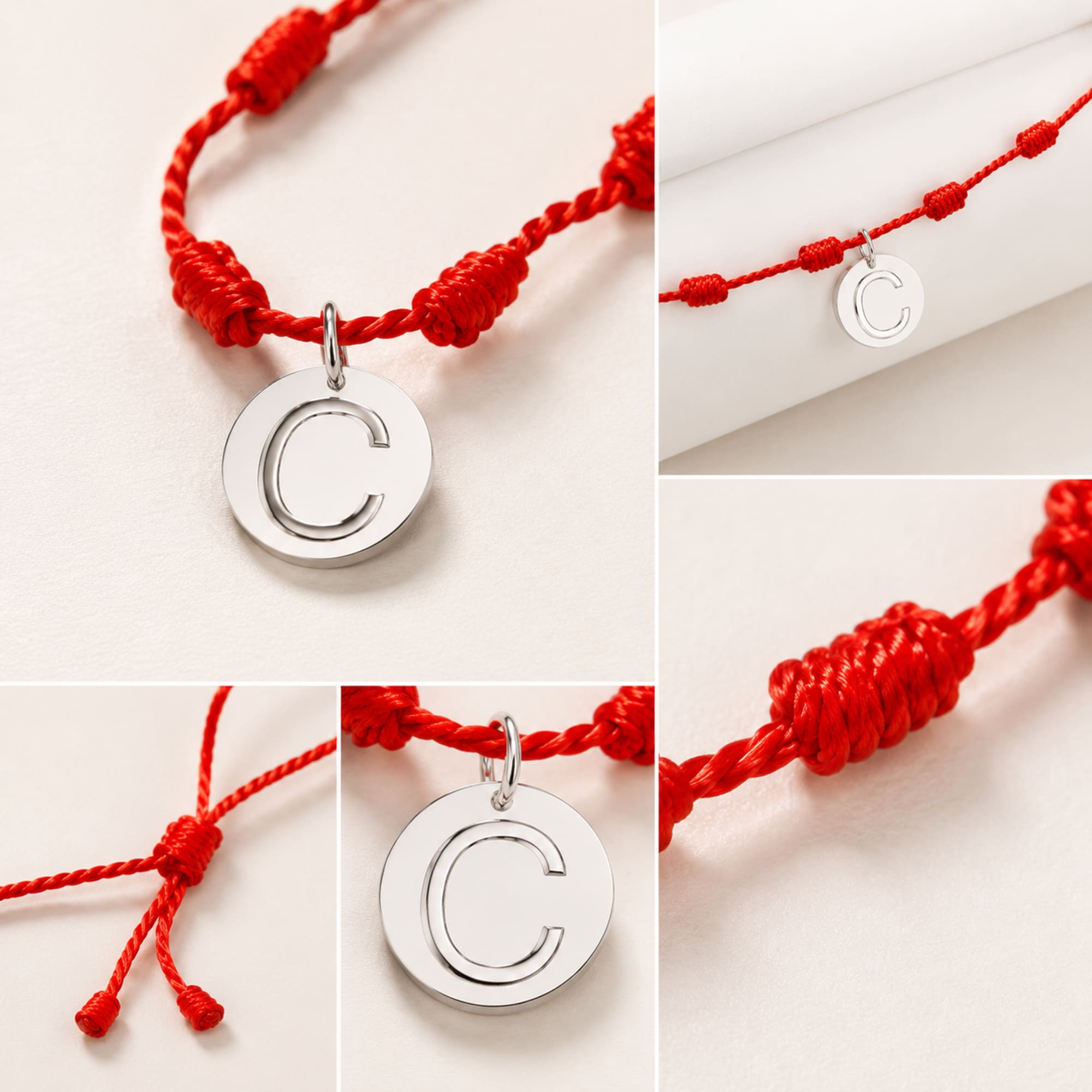 PULSERA 7 NUDOS CON LETRA C COLOR PLATEADO