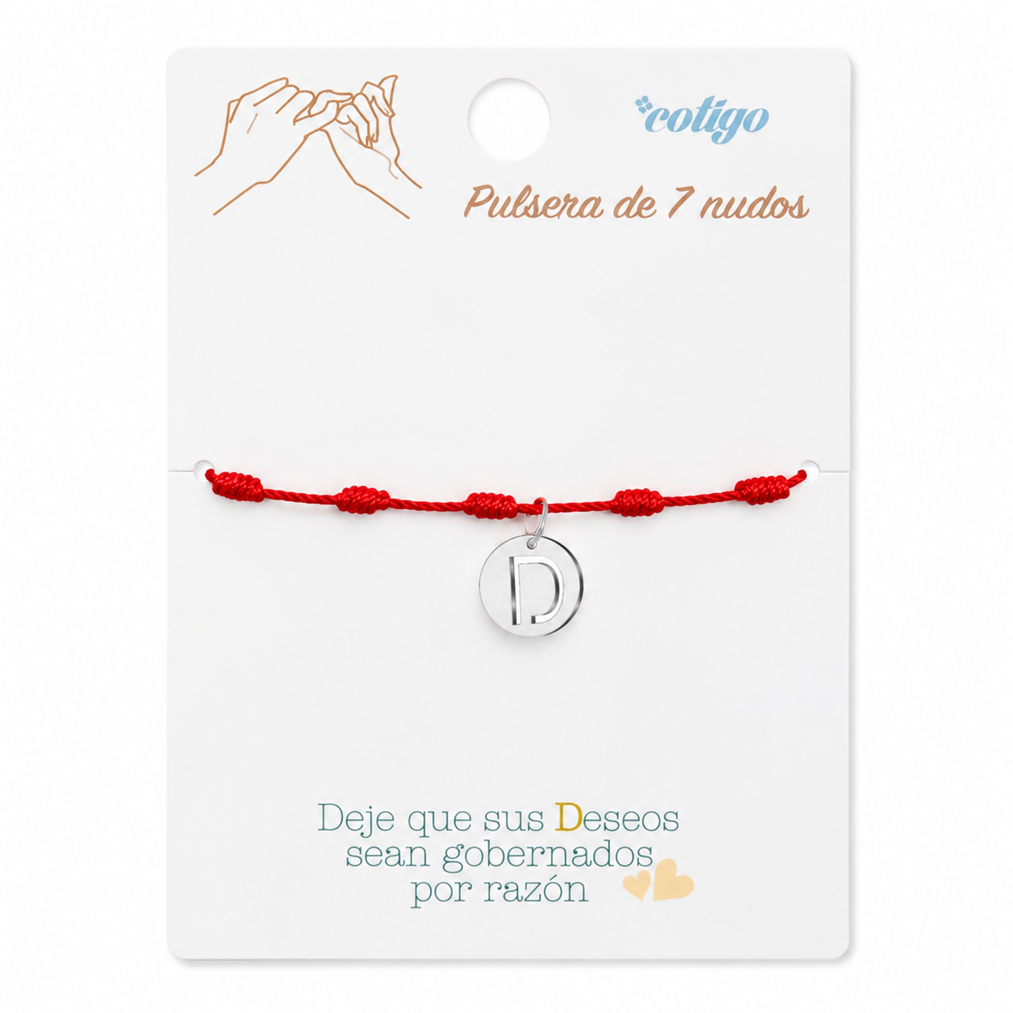 PULSERA 7 NUDOS CON LETRA D COLOR PLATEADO