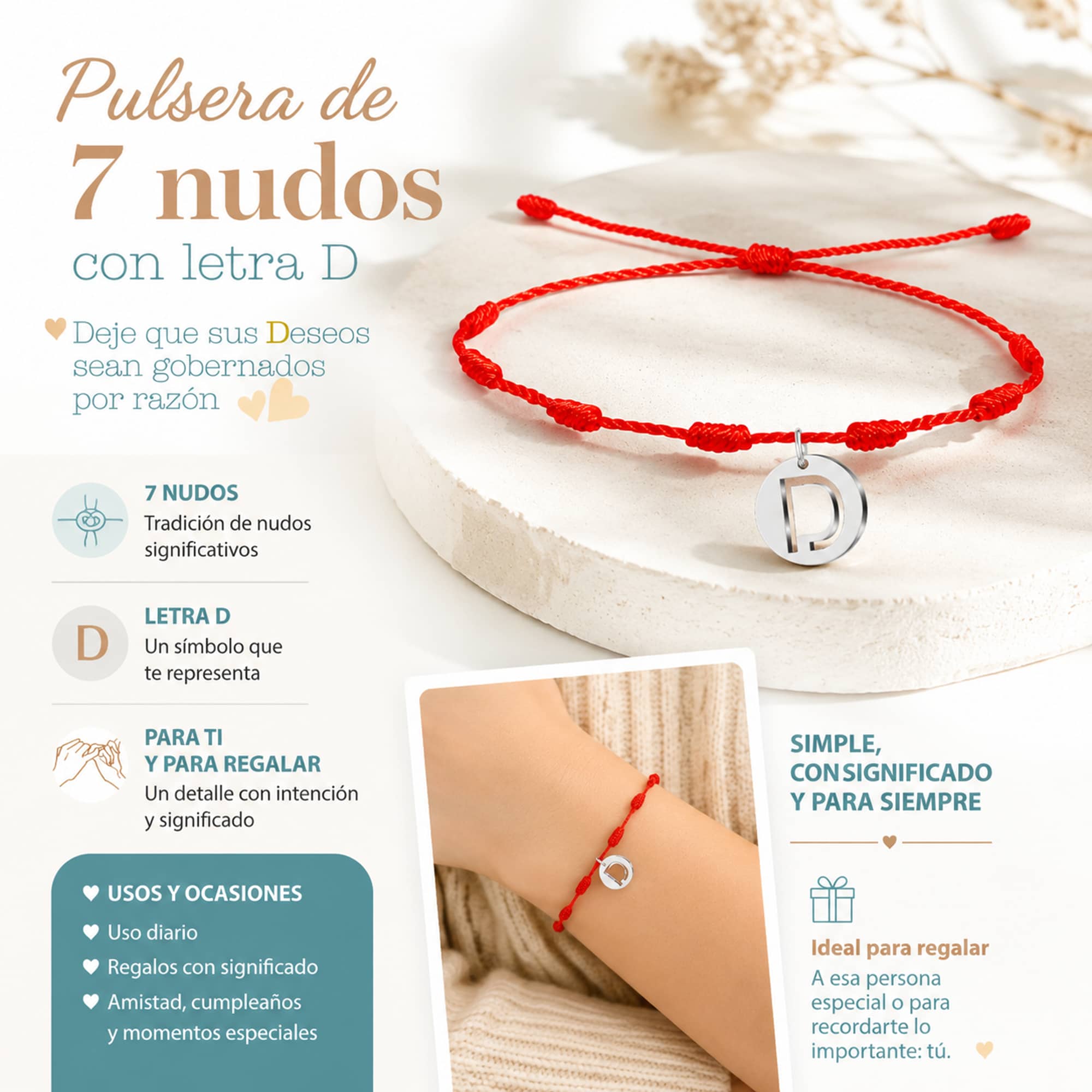 PULSERA 7 NUDOS CON LETRA D COLOR PLATEADO