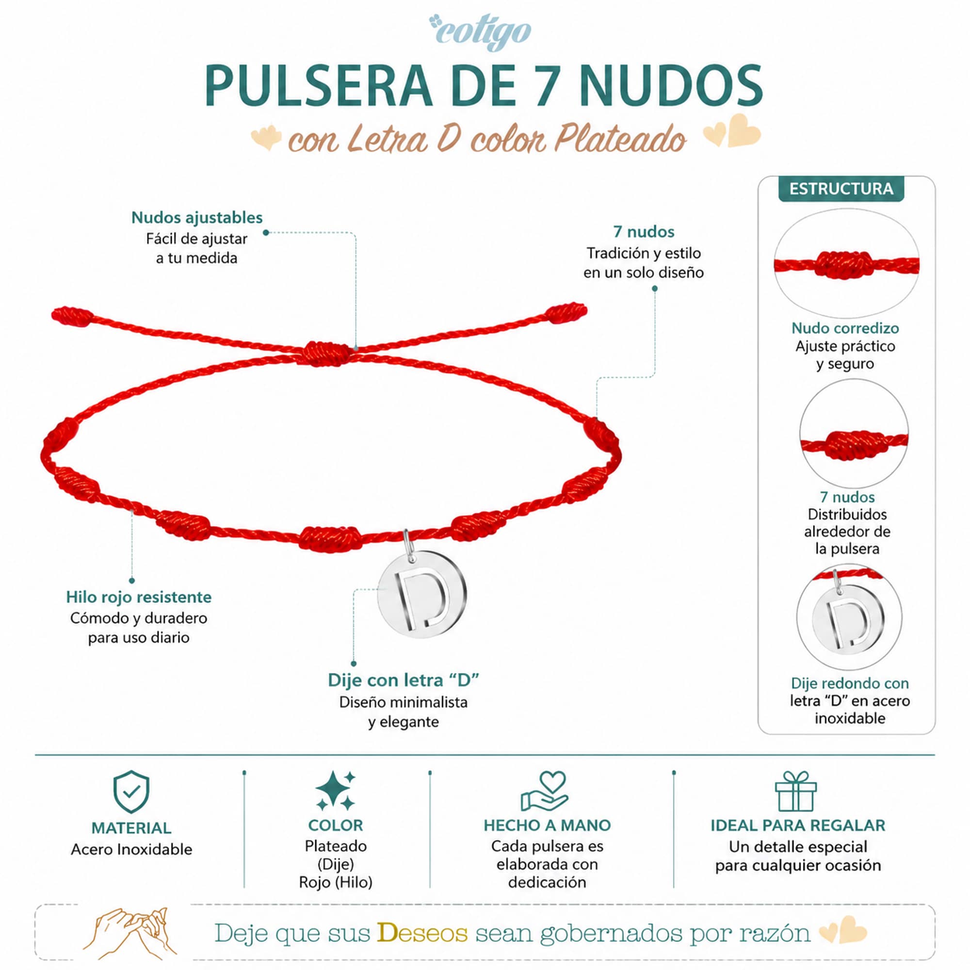 PULSERA 7 NUDOS CON LETRA D COLOR PLATEADO