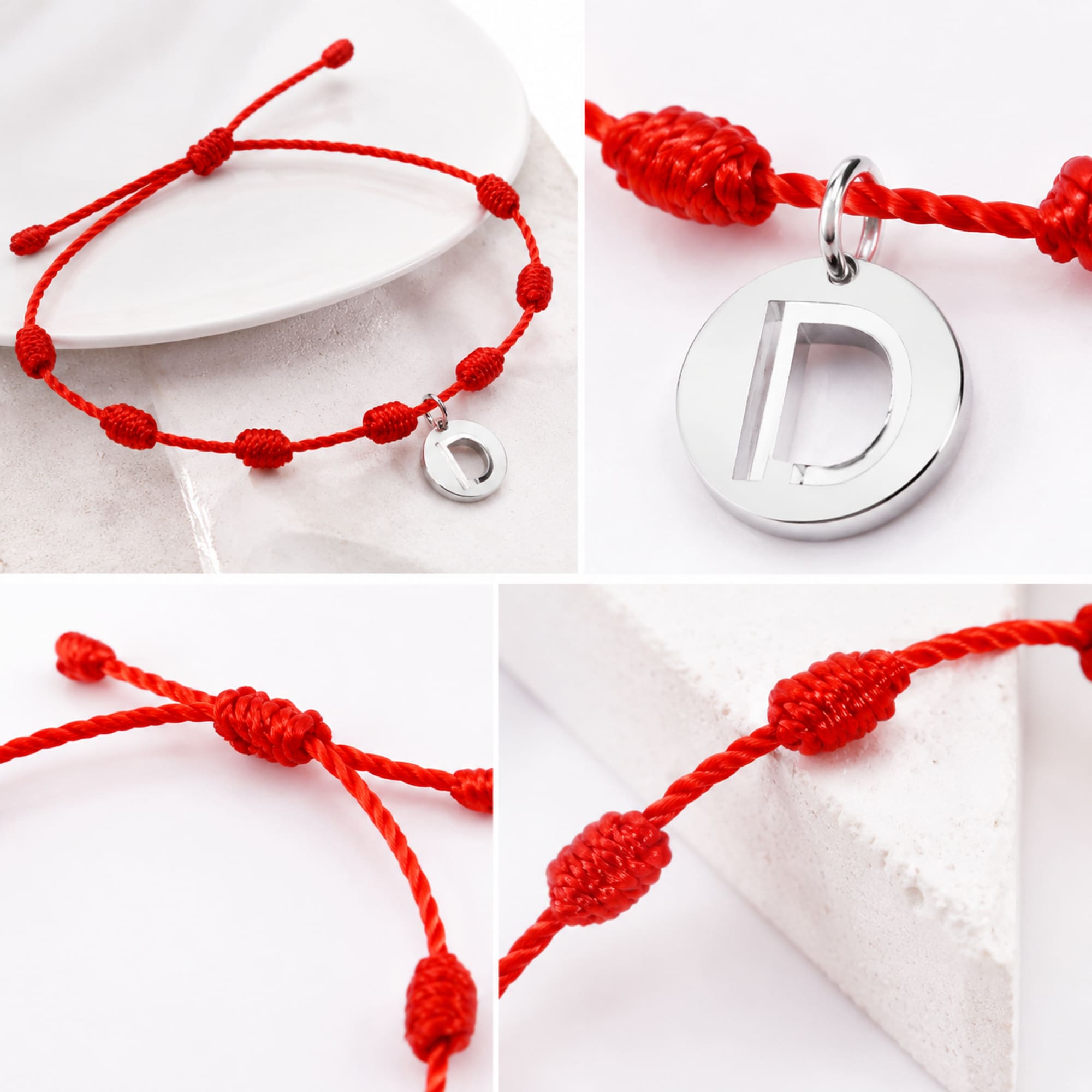 PULSERA 7 NUDOS CON LETRA D COLOR PLATEADO