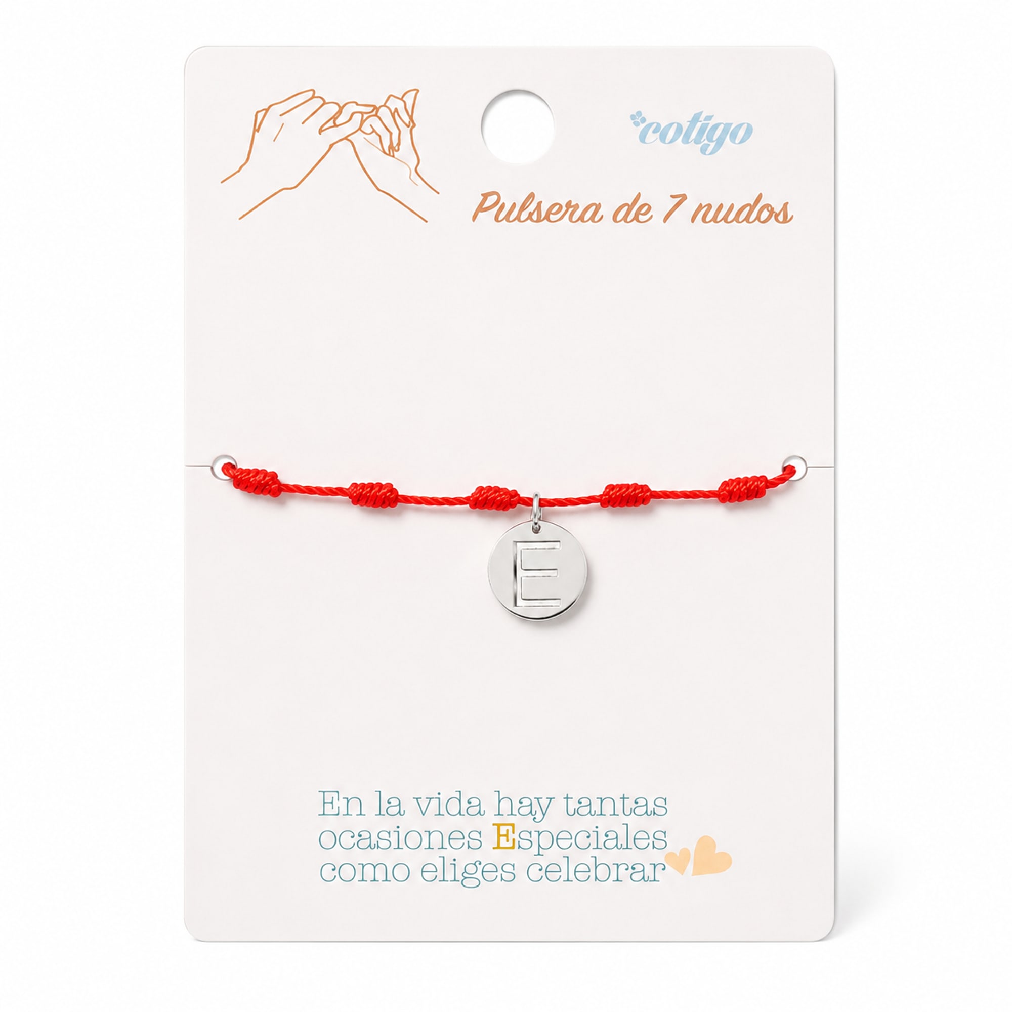 PULSERA 7 NUDOS CON LETRA E COLOR PLATEADO