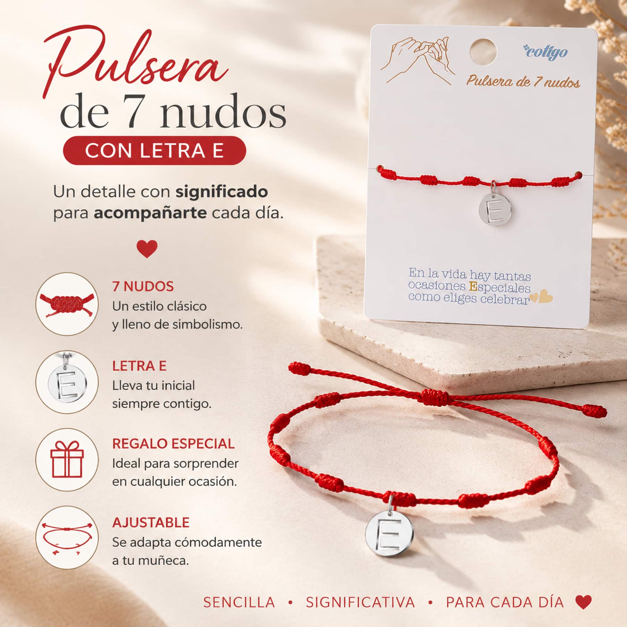PULSERA 7 NUDOS CON LETRA E COLOR PLATEADO