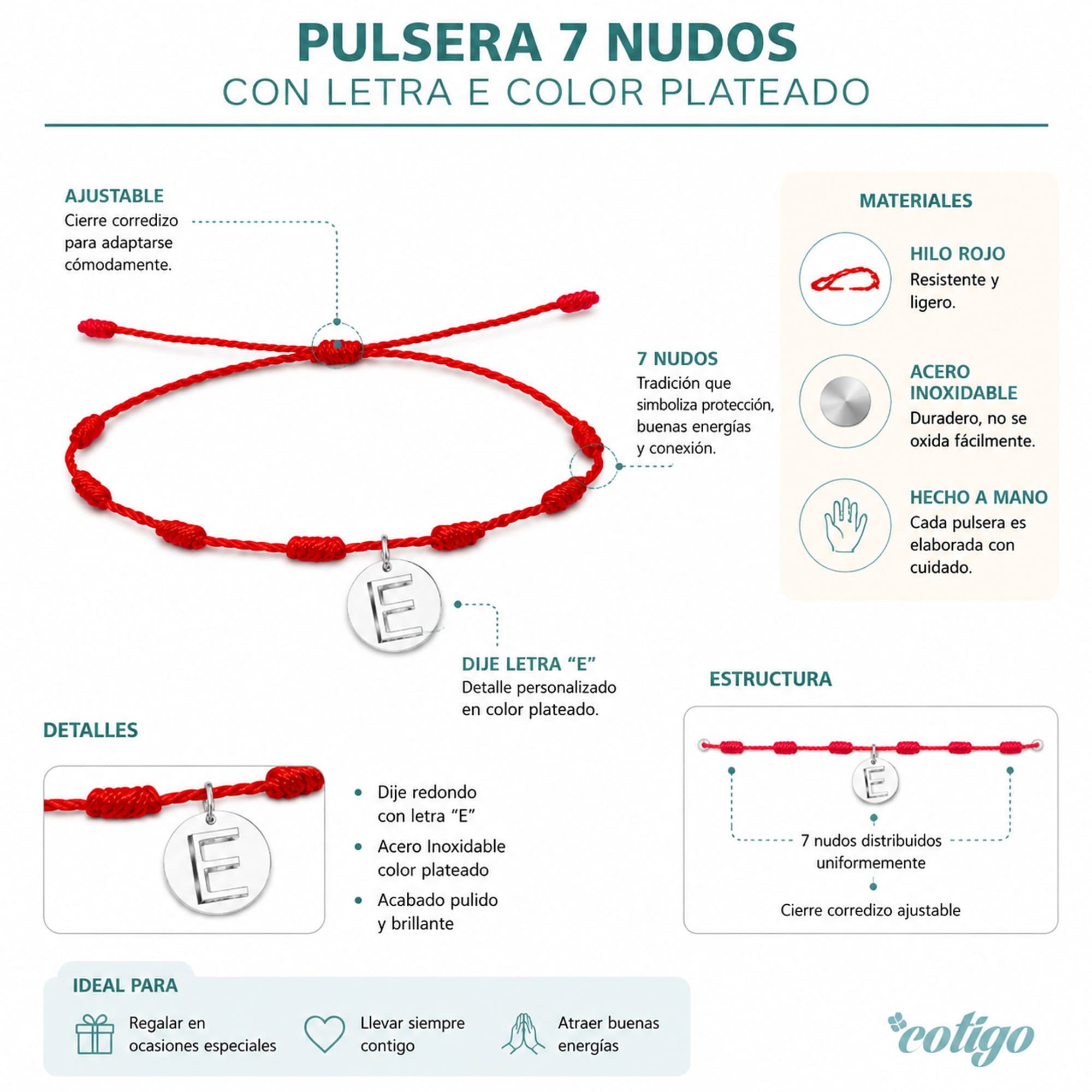 PULSERA 7 NUDOS CON LETRA E COLOR PLATEADO