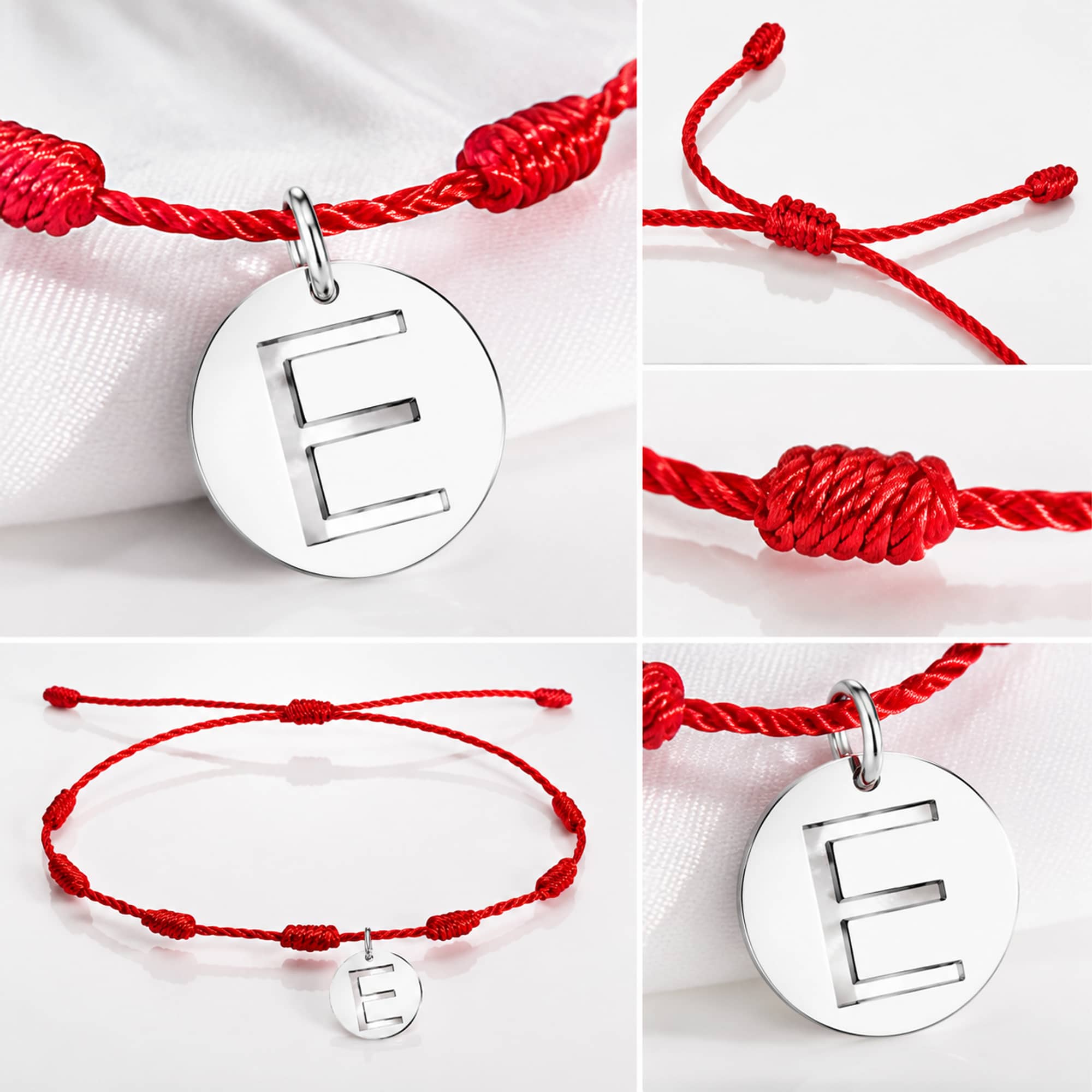 PULSERA 7 NUDOS CON LETRA E COLOR PLATEADO