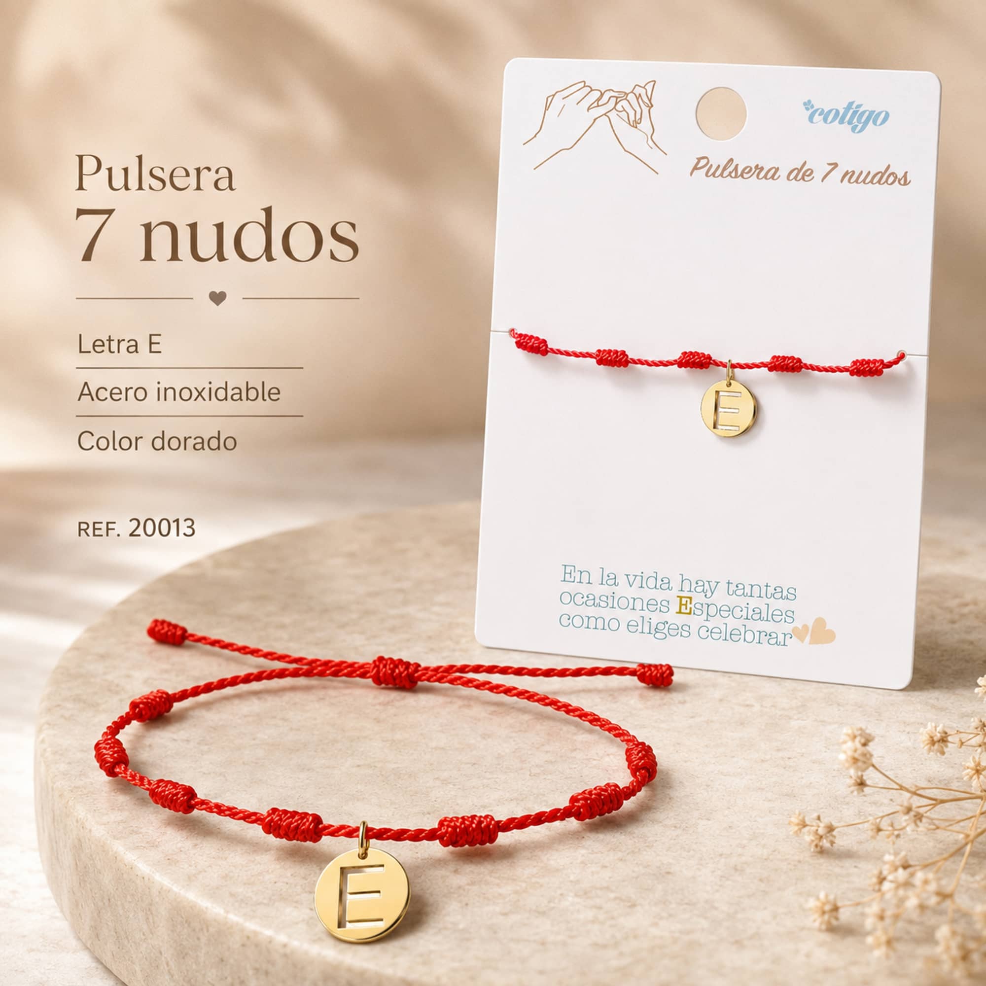 PULSERA 7 NUDOS CON LETRA E COLOR DORADO