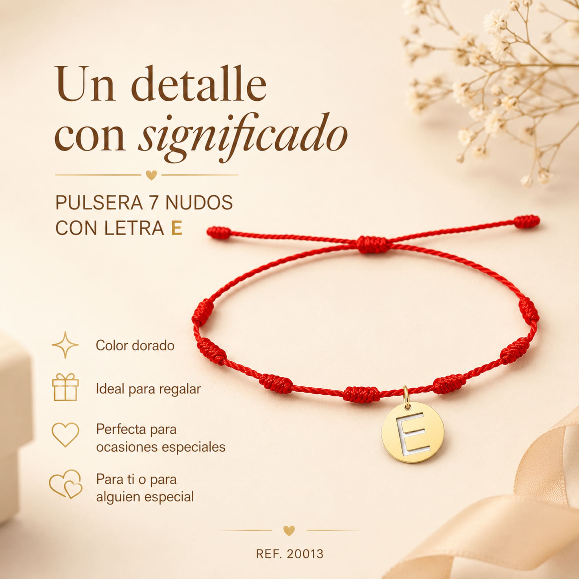 PULSERA 7 NUDOS CON LETRA E COLOR DORADO