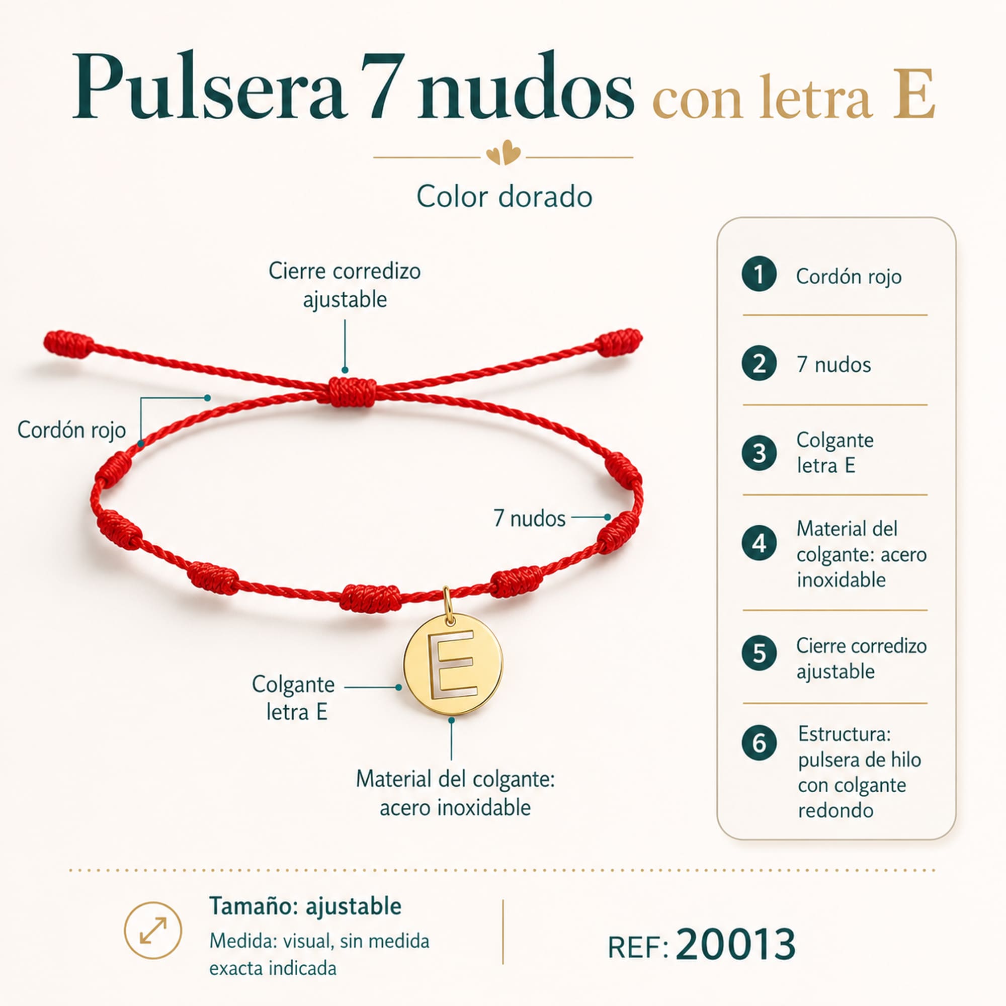 PULSERA 7 NUDOS CON LETRA E COLOR DORADO
