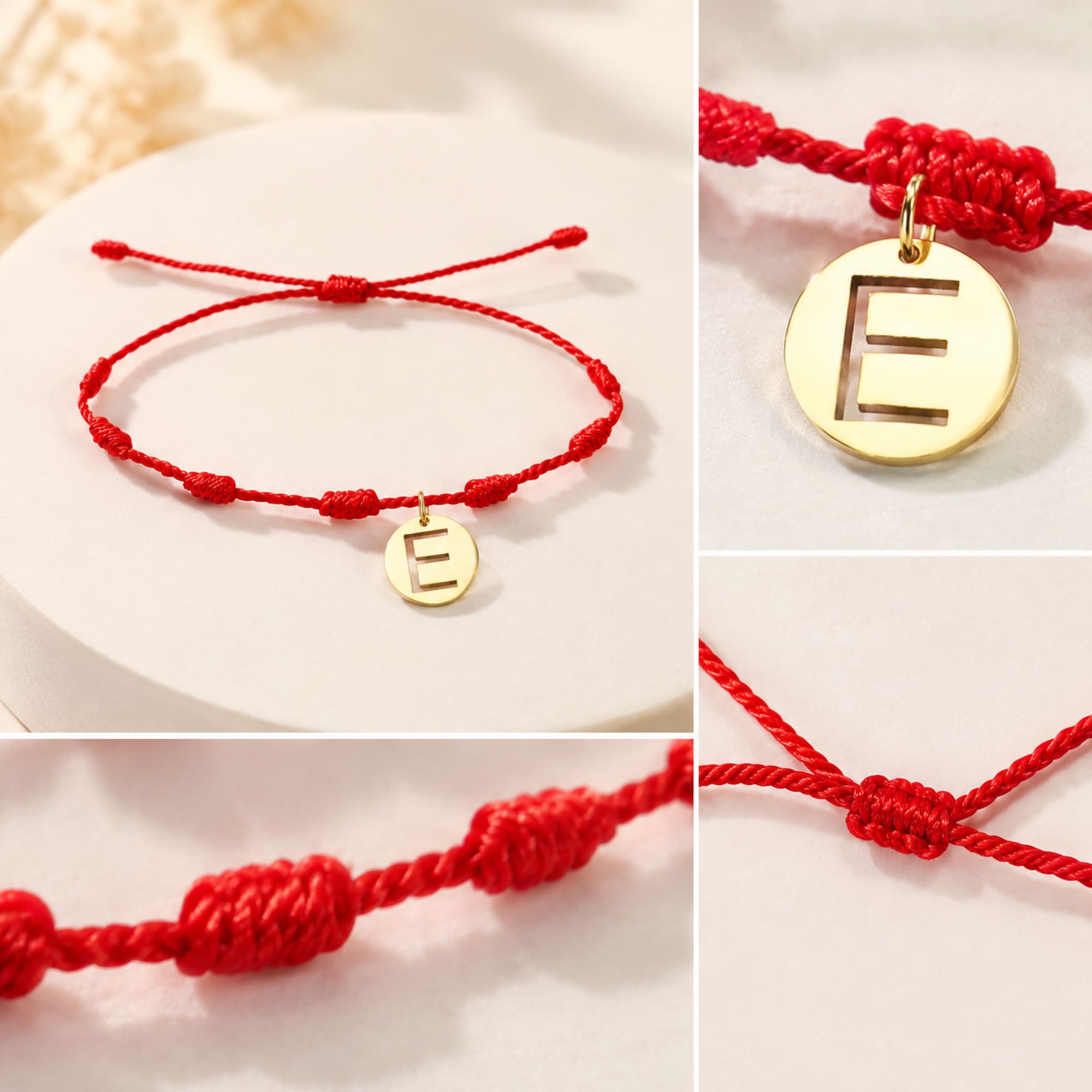 PULSERA 7 NUDOS CON LETRA E COLOR DORADO