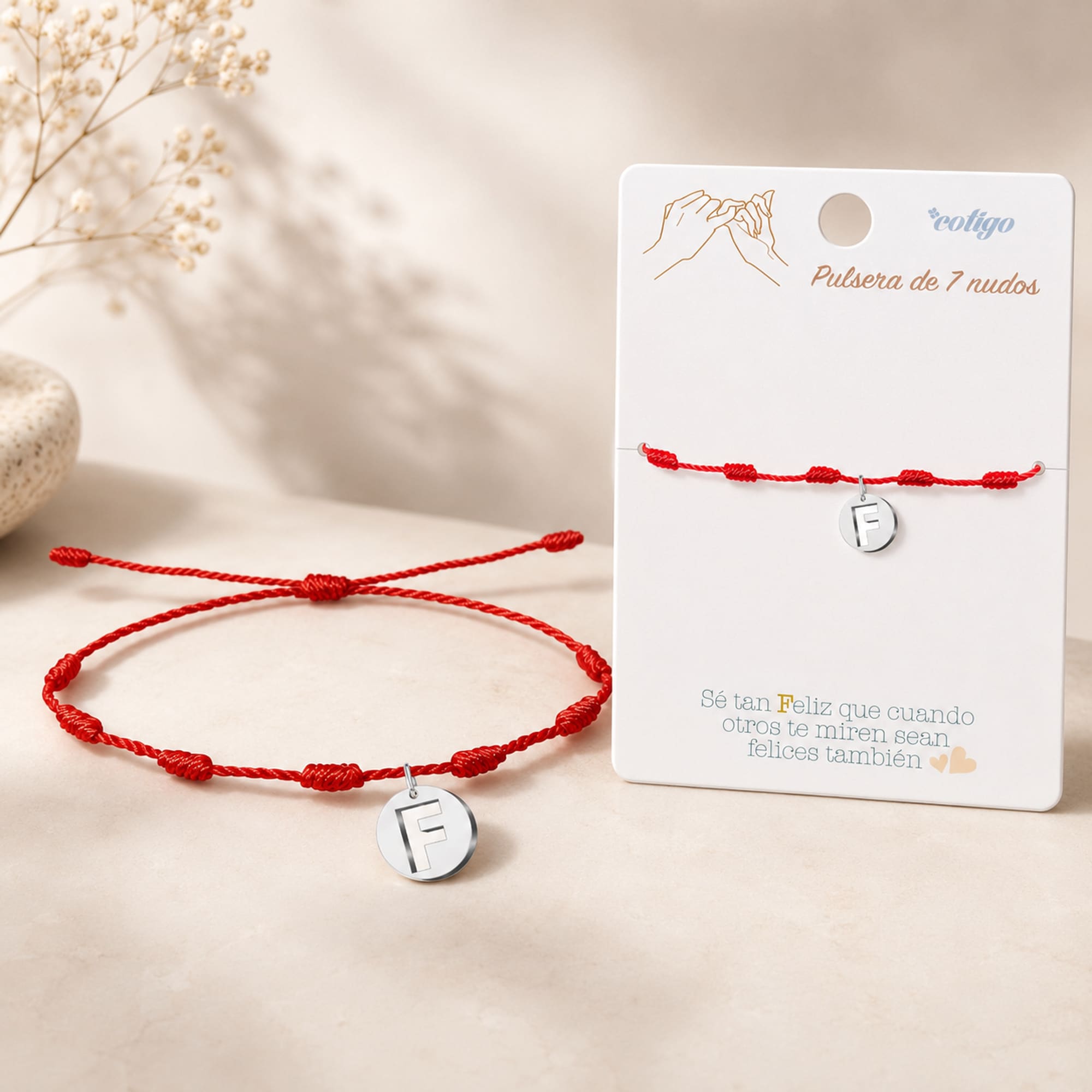 PULSERA 7 NUDOS CON LETRA F COLOR PLATEADO