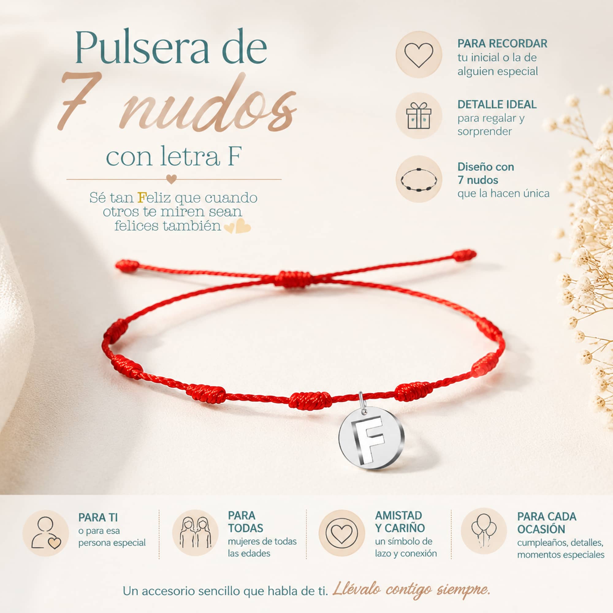 PULSERA 7 NUDOS CON LETRA F COLOR PLATEADO