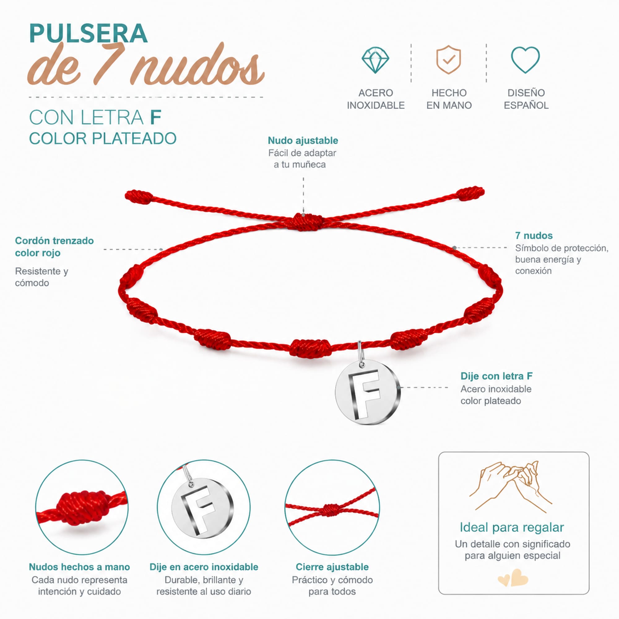 PULSERA 7 NUDOS CON LETRA F COLOR PLATEADO