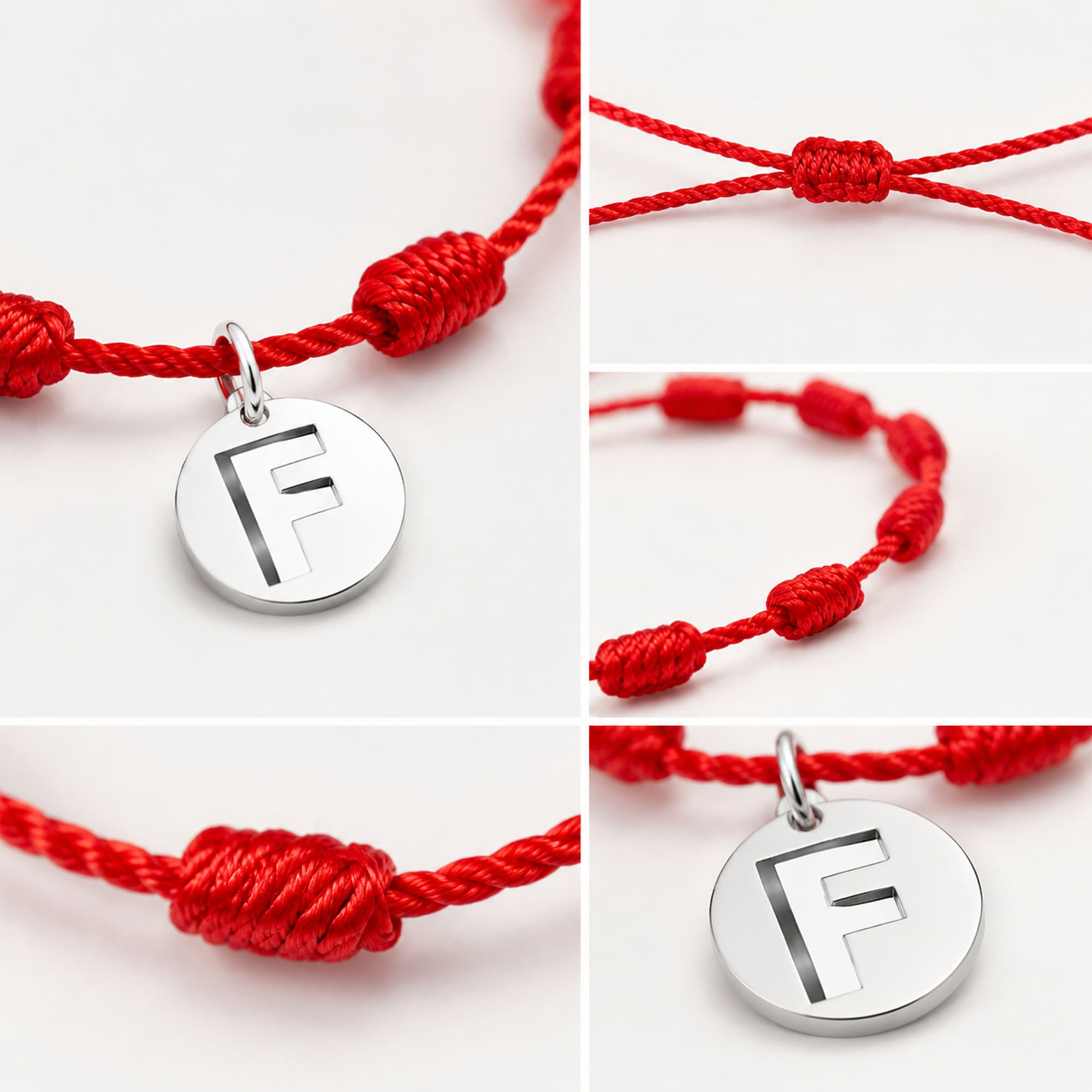 PULSERA 7 NUDOS CON LETRA F COLOR PLATEADO