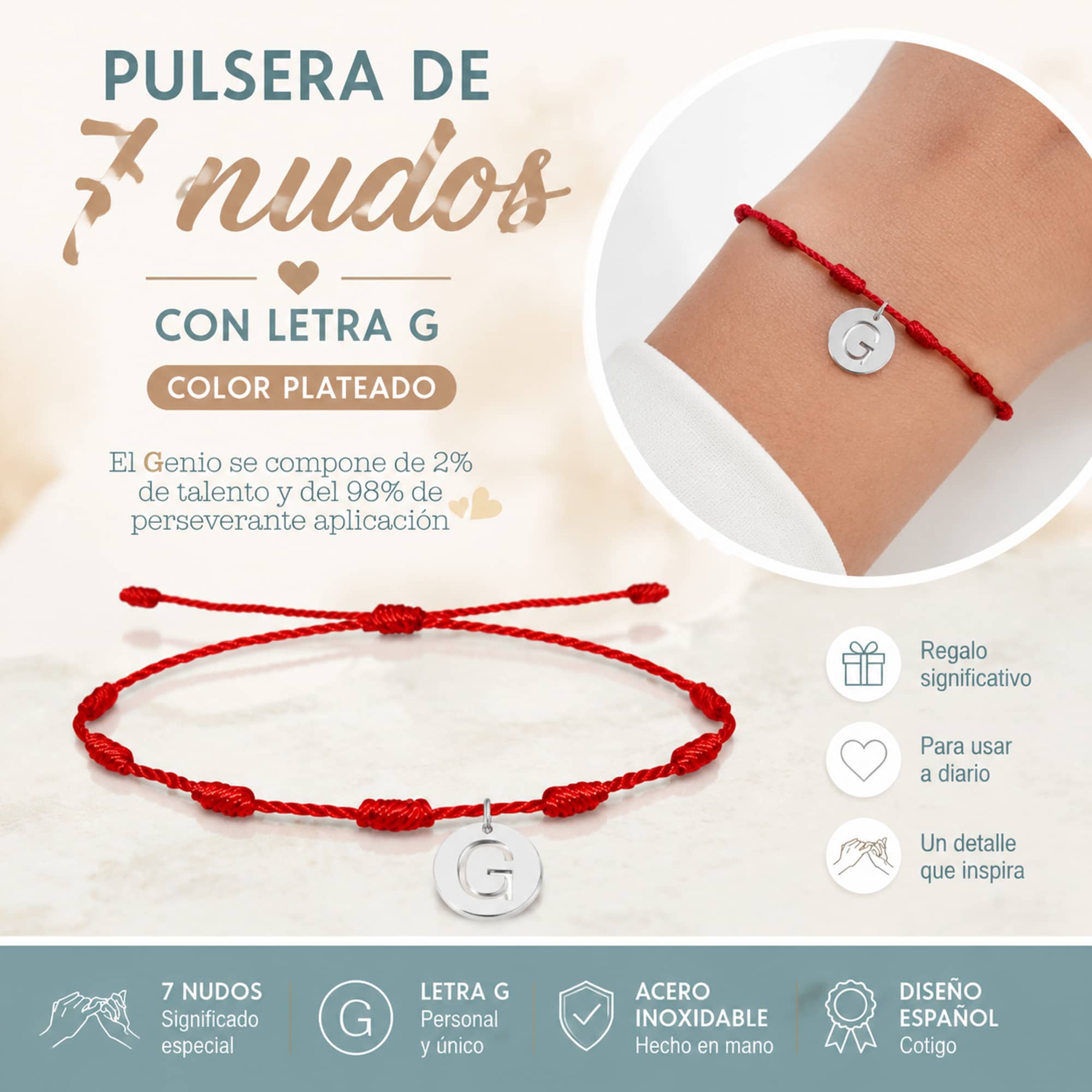 PULSERA 7 NUDOS CON LETRA G COLOR PLATEADO