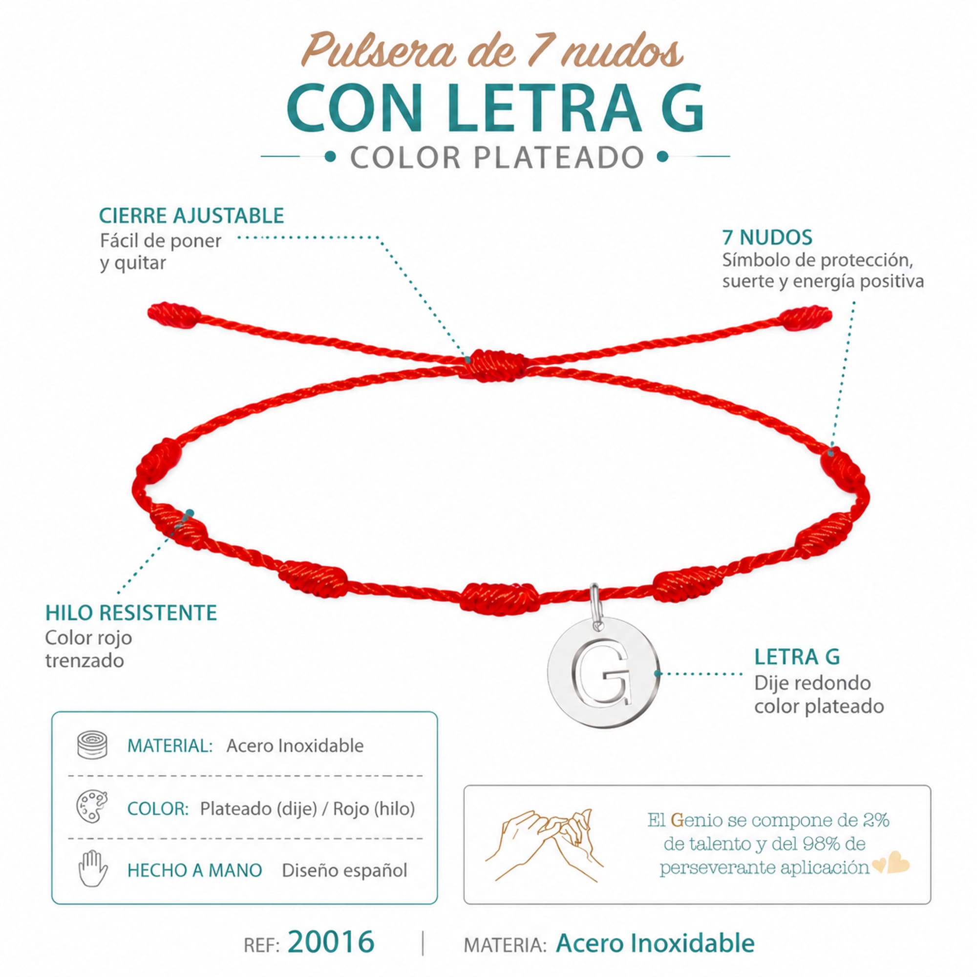 PULSERA 7 NUDOS CON LETRA G COLOR PLATEADO