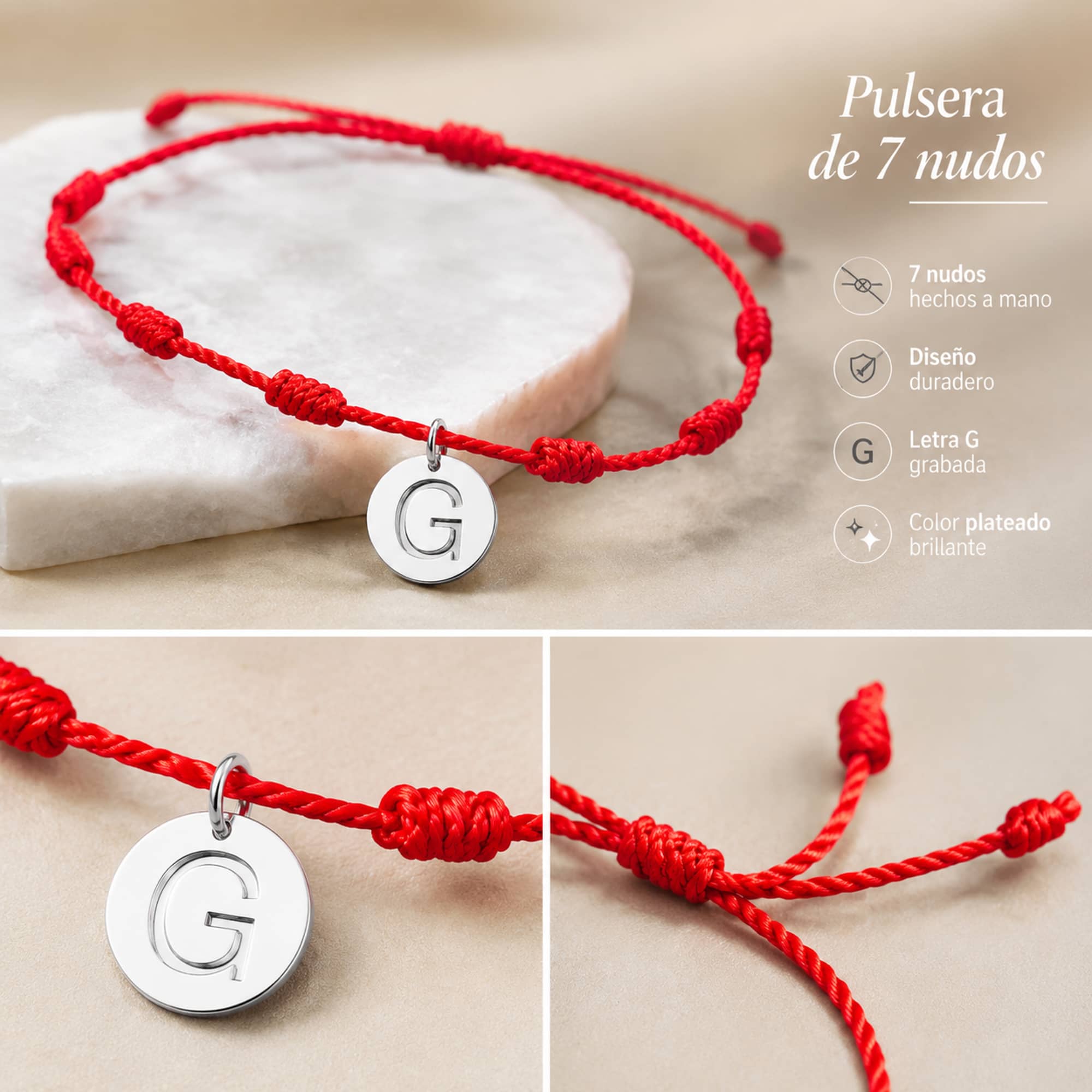 PULSERA 7 NUDOS CON LETRA G COLOR PLATEADO