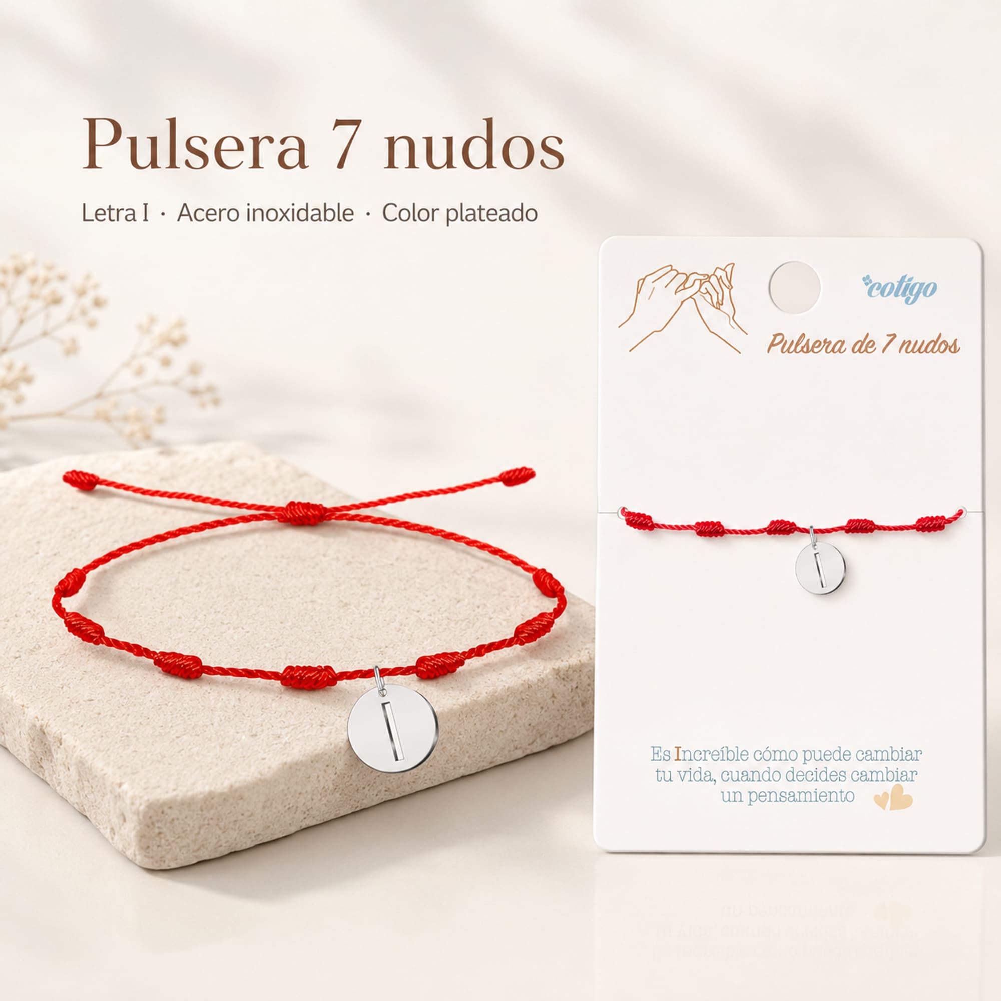 PULSERA 7 NUDOS CON LETRA I COLOR PLATEADO