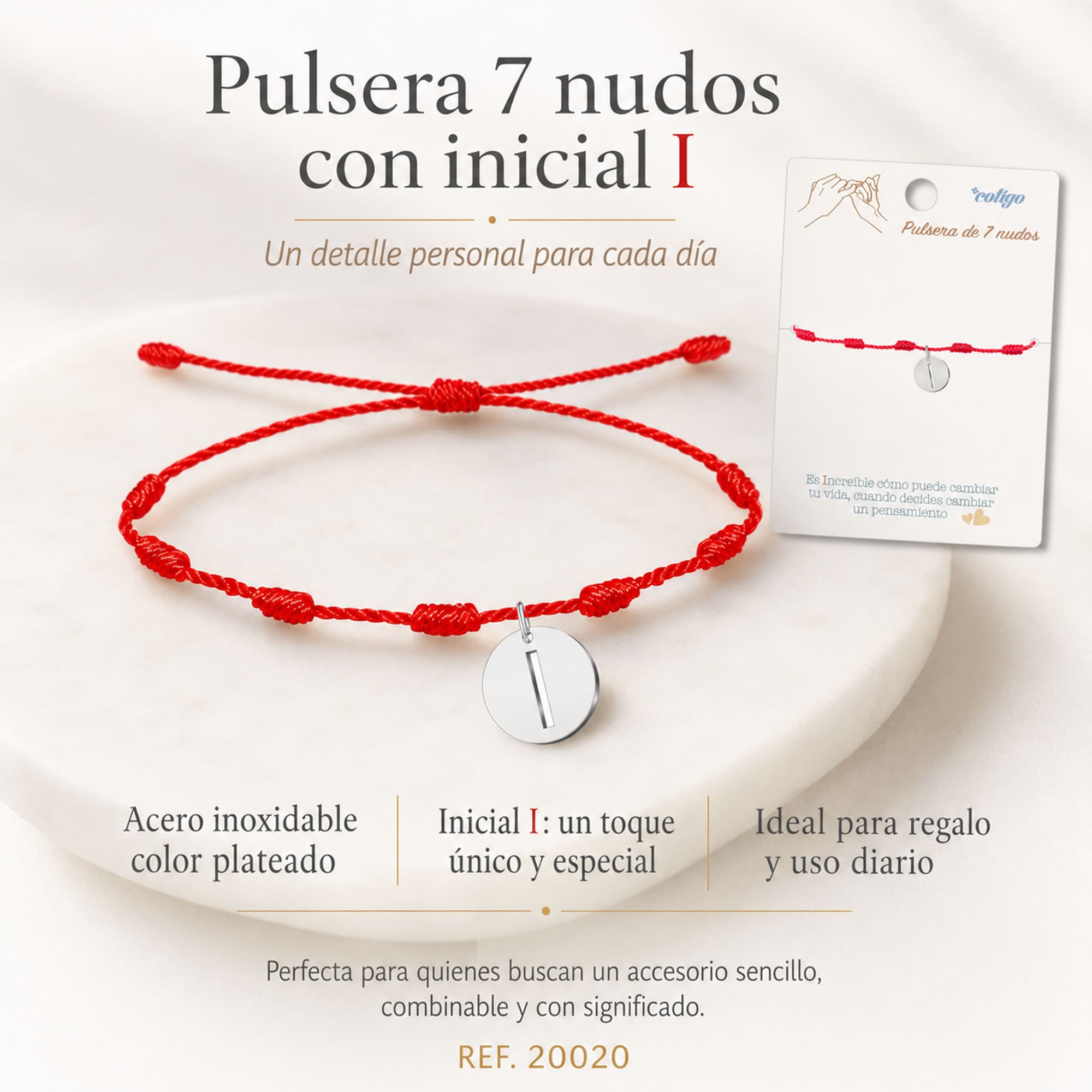 PULSERA 7 NUDOS CON LETRA I COLOR PLATEADO