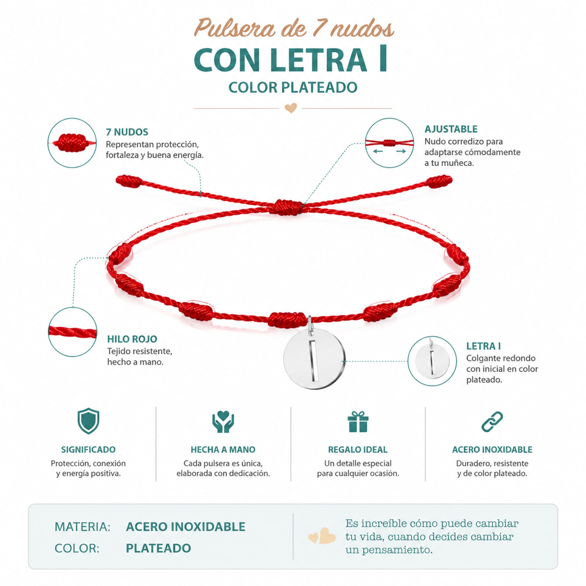 PULSERA 7 NUDOS CON LETRA I COLOR PLATEADO