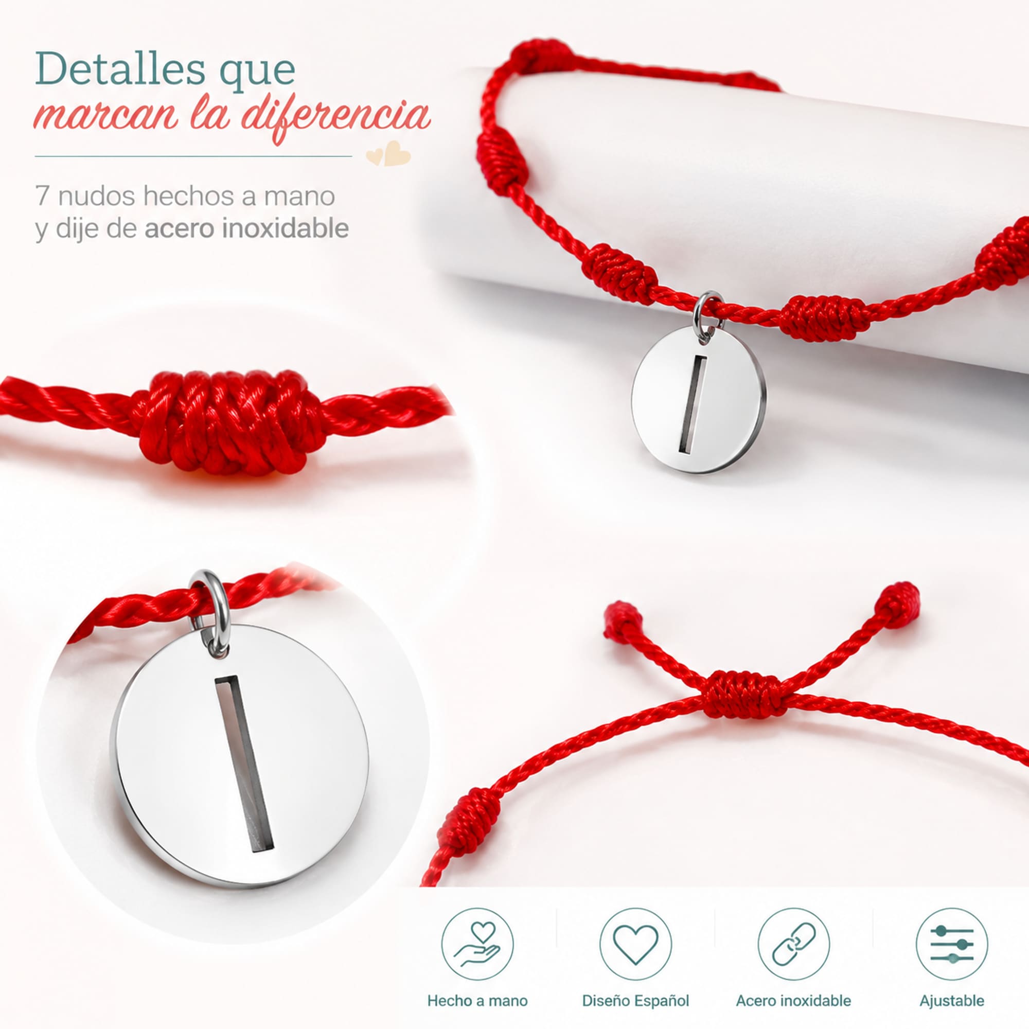 PULSERA 7 NUDOS CON LETRA I COLOR PLATEADO