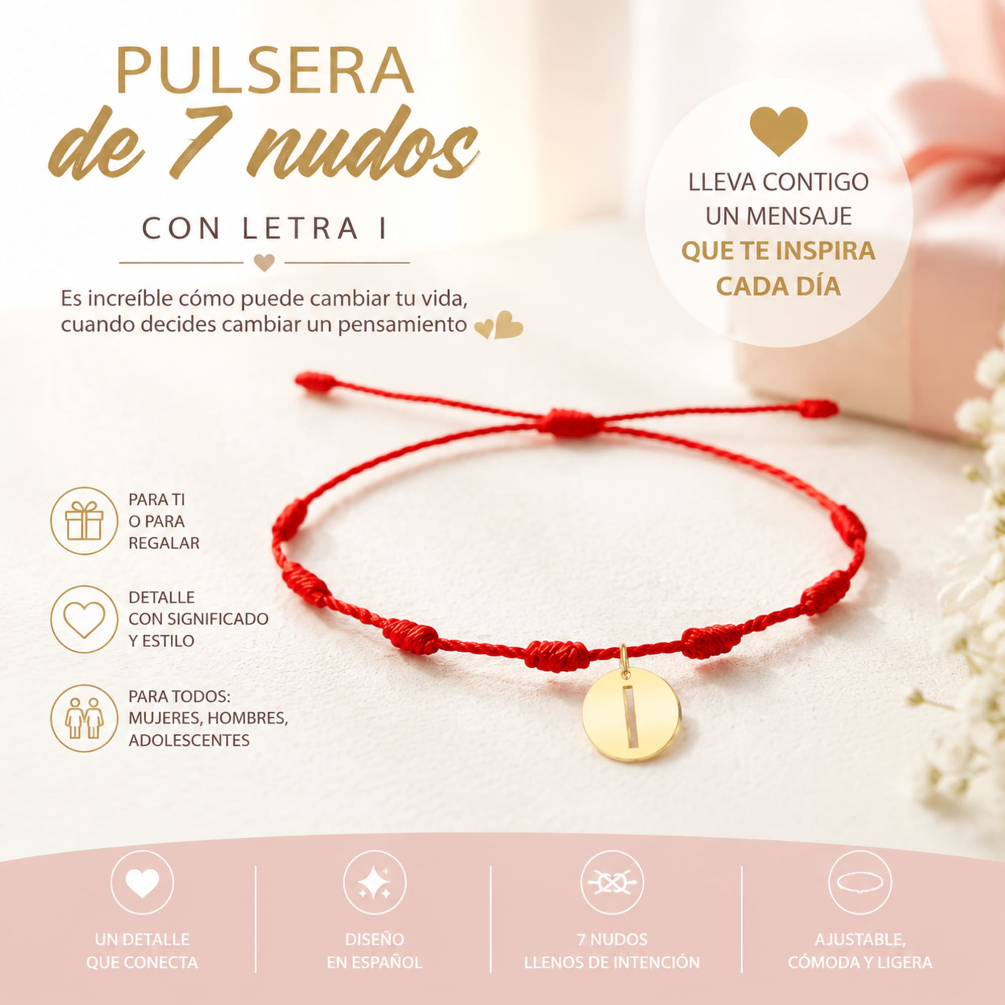 PULSERA 7 NUDOS CON LETRA I COLOR DORADO