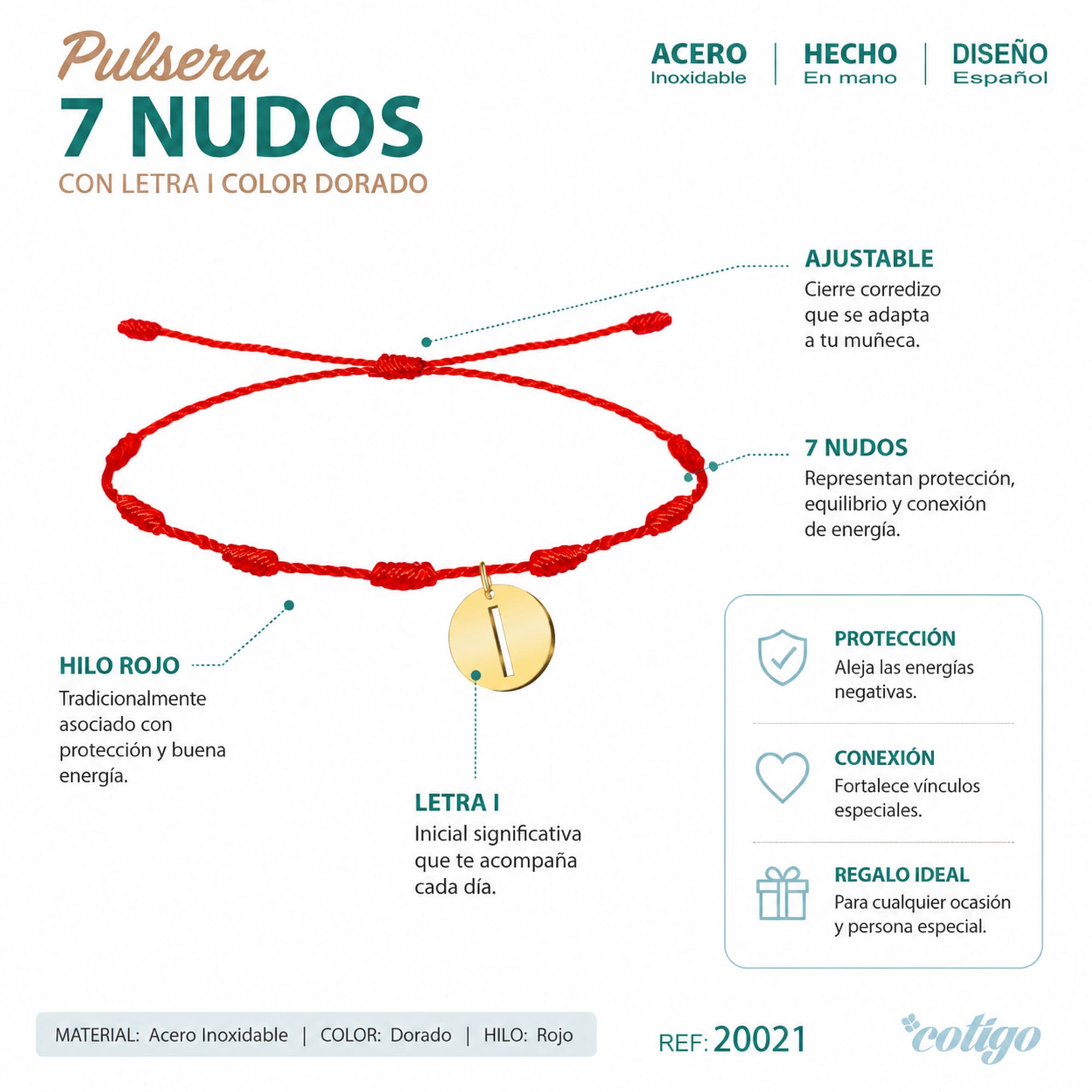 PULSERA 7 NUDOS CON LETRA I COLOR DORADO