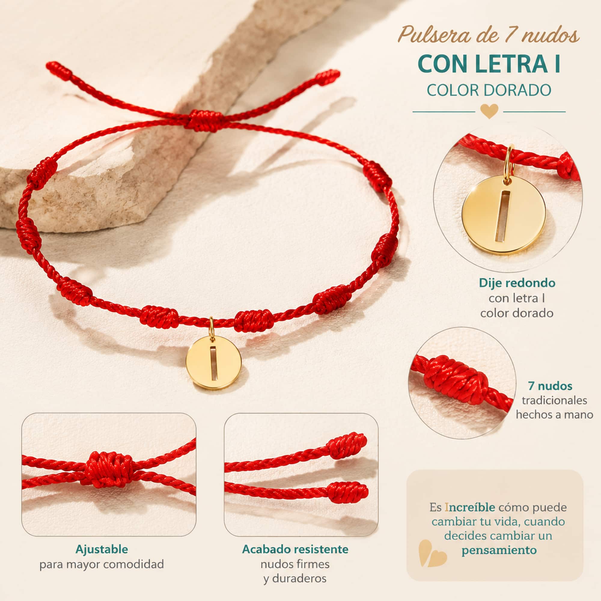PULSERA 7 NUDOS CON LETRA I COLOR DORADO