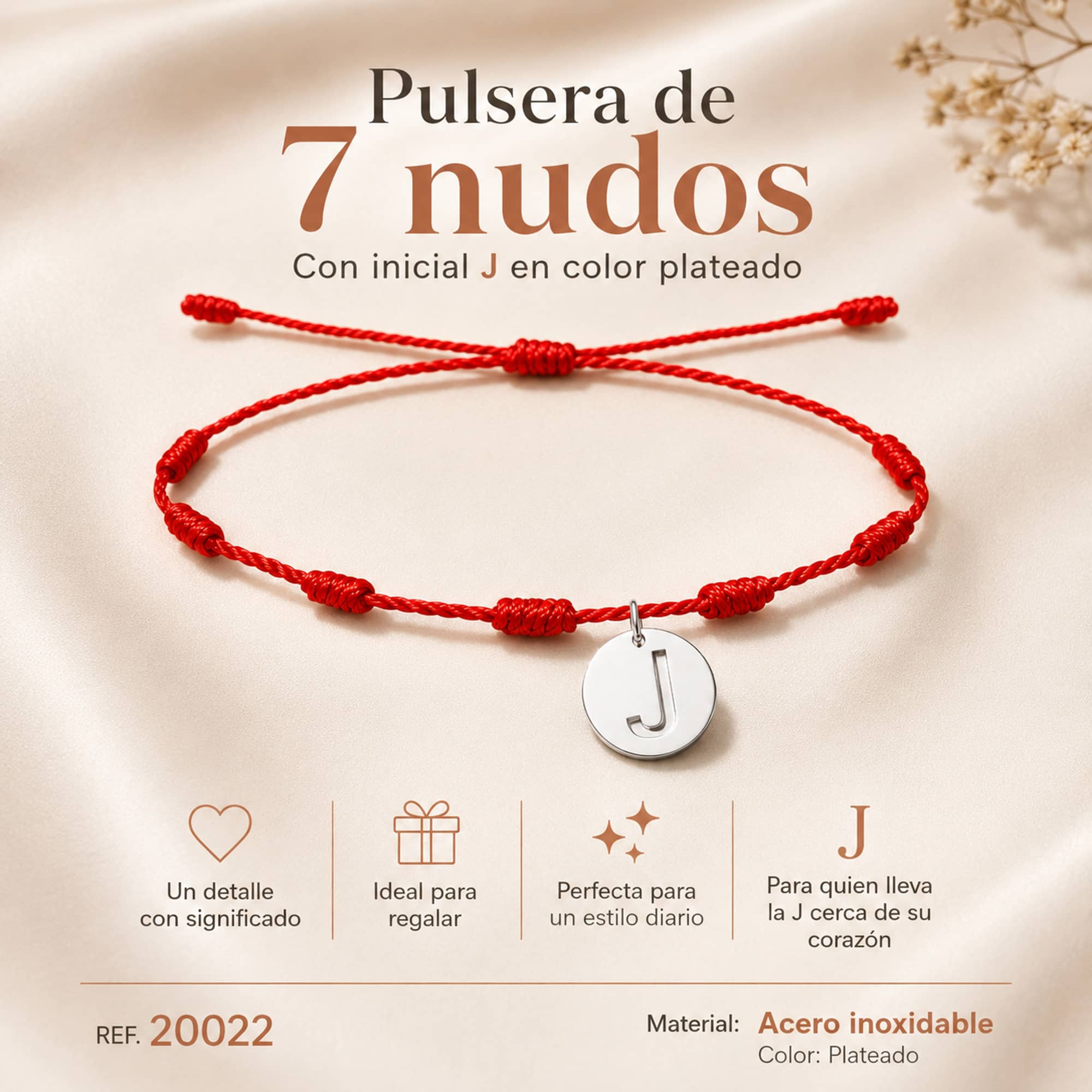 PULSERA 7 NUDOS CON LETRA J COLOR PLATEADO