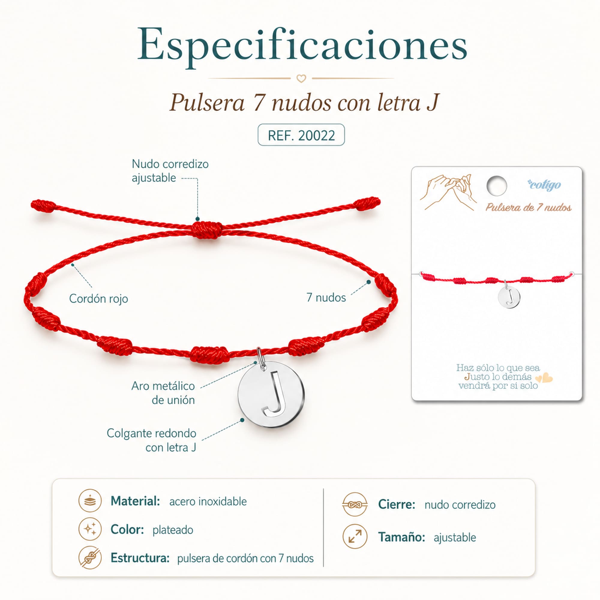 PULSERA 7 NUDOS CON LETRA J COLOR PLATEADO